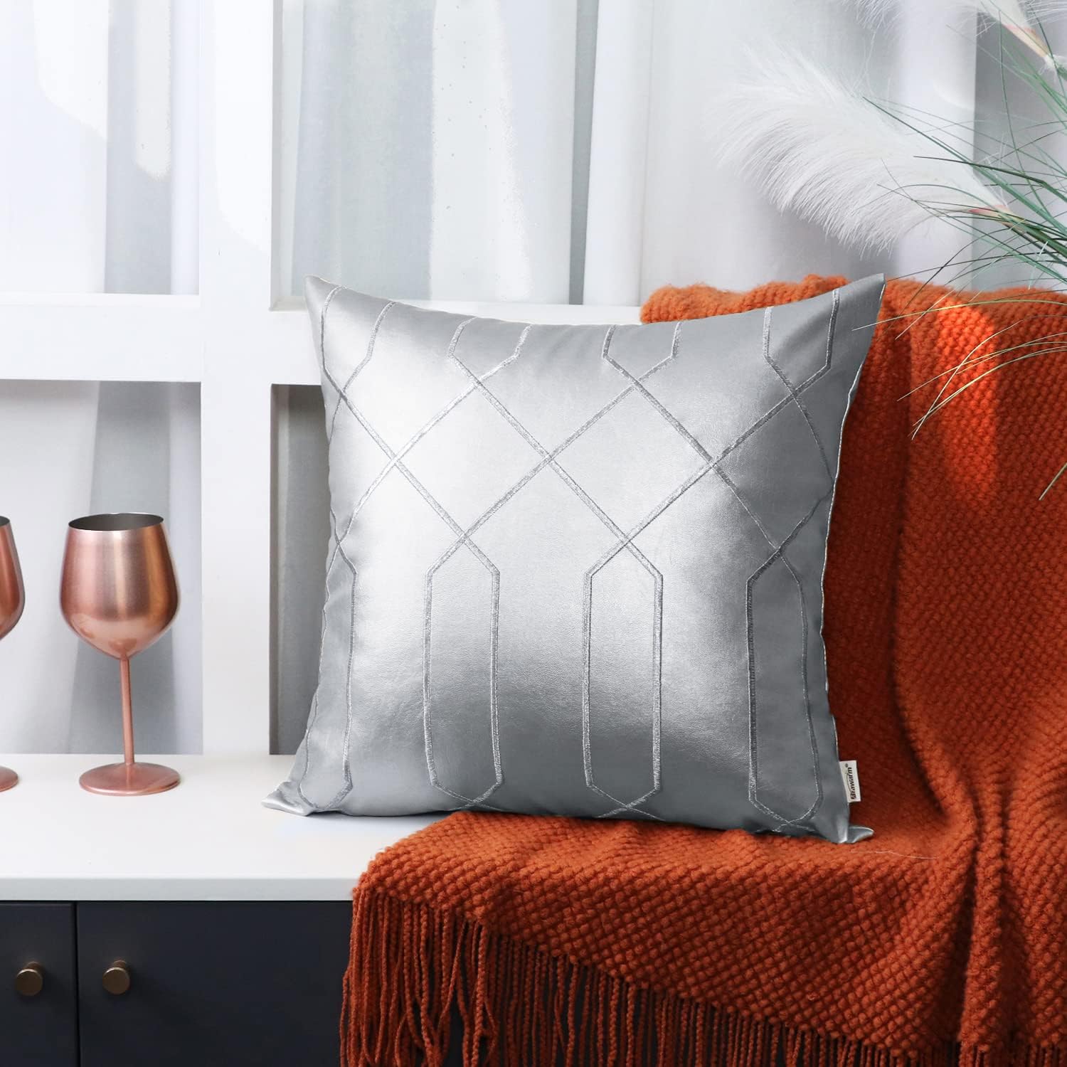 BRAWARM Leather Pillow Covers 22 X 22 Inches - Silver Faux Leather Pillow Covers Pack of 2, Geometric Embroidery Leather Decorative Throw Pillows for Living Room Couch Bed Sofa Home