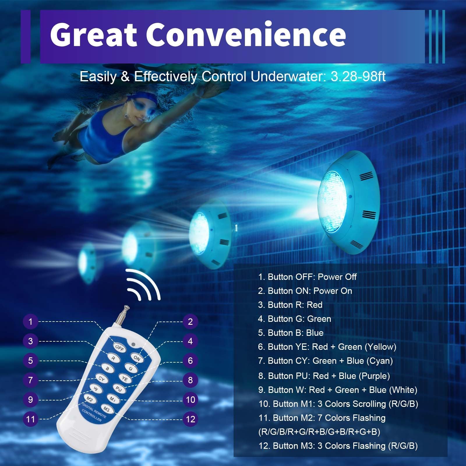 Illuminazione a LED per piscina, 45 W, RGB per piscina, IP68, impermeabile, con telecomando, luce subacquea, controllo dell'interruttore, illuminazione subacquea, 12 V AC
