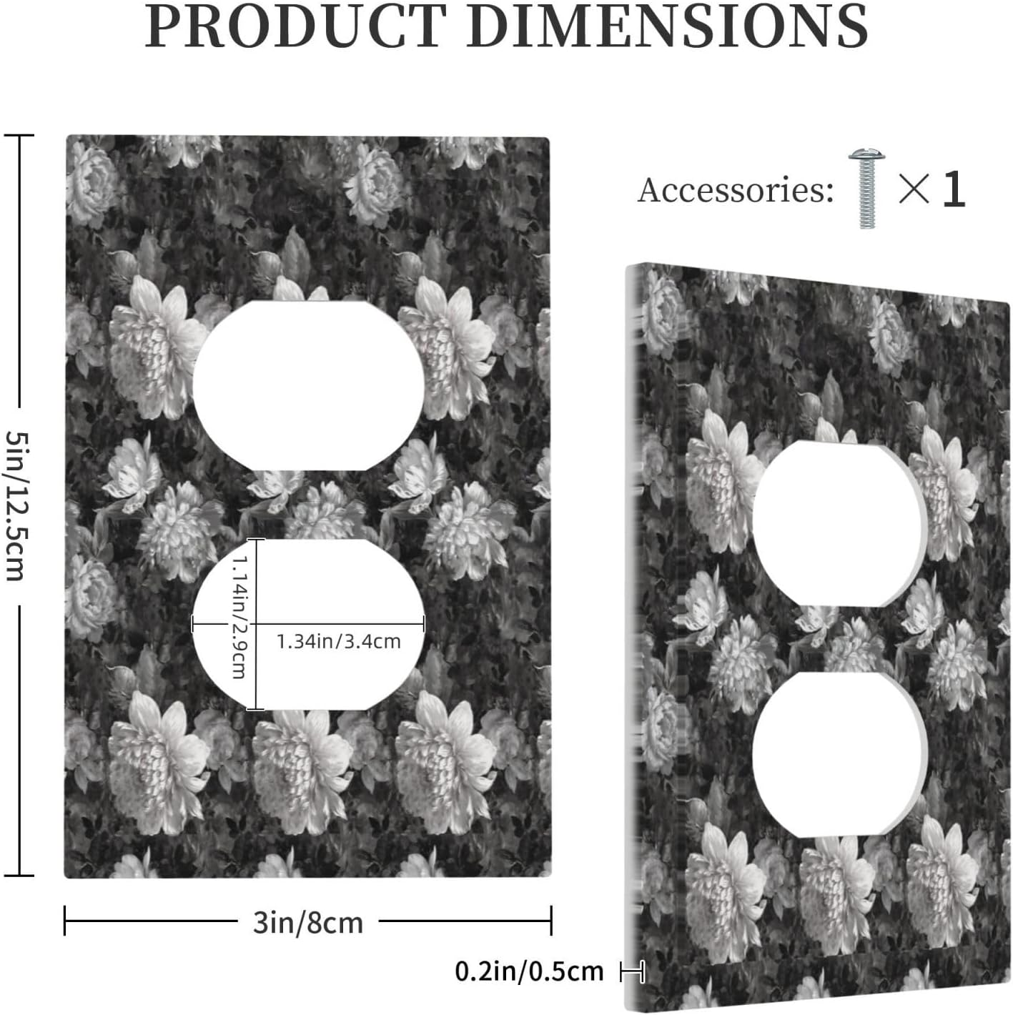 Black and White Floral 1-Gang Single Duplex Wall Plate Receptacle Plug Outlet Cover Peony Flower Dark Vintage Socket Face Plate Light Switches Cover for Kitchen Bedroom Living Room Decor