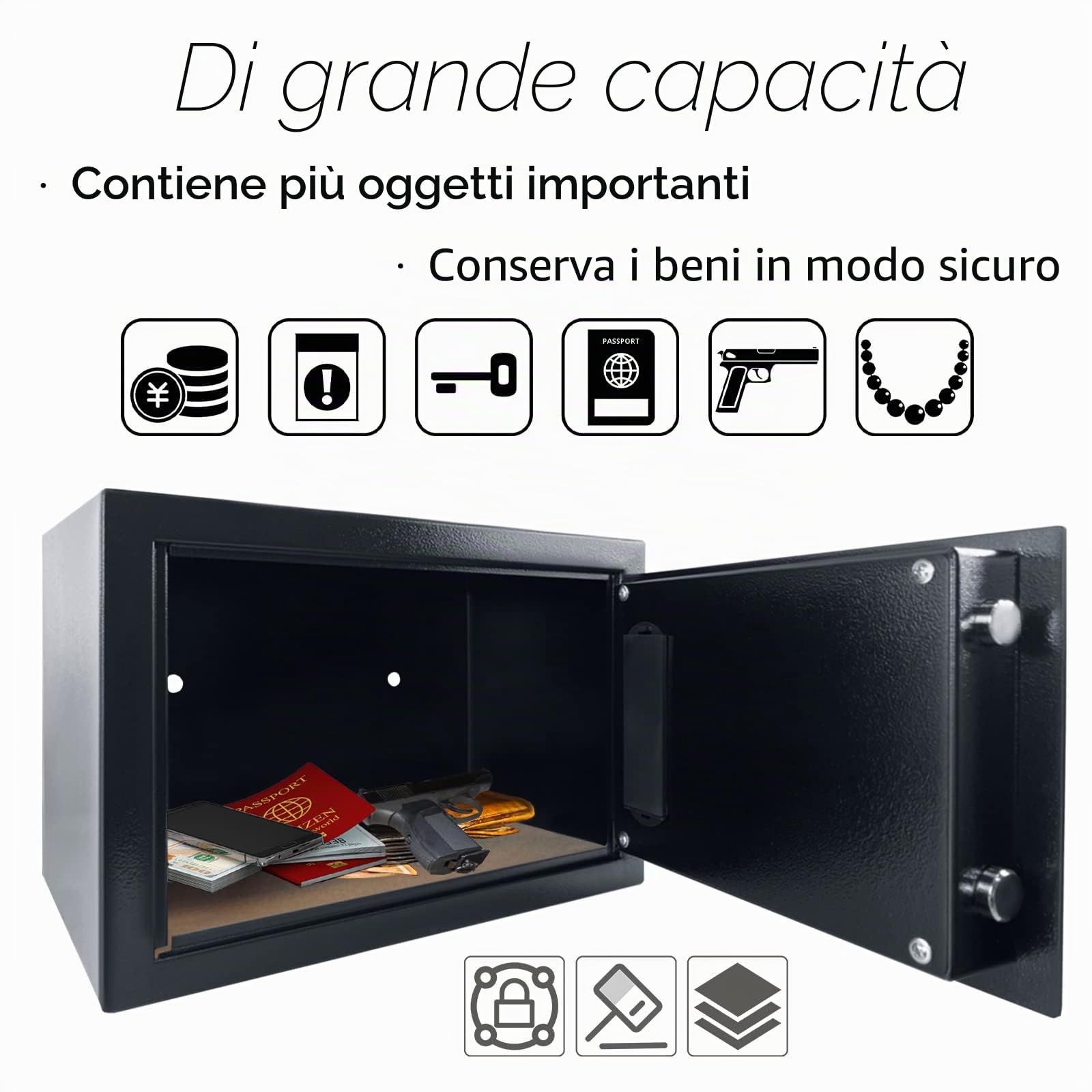 NAIZY Mini cassaforte antifuoco impermeabile con illuminazione interna box batterie chiave di sicurezza allarme acciaio mobile 12L nero+argento