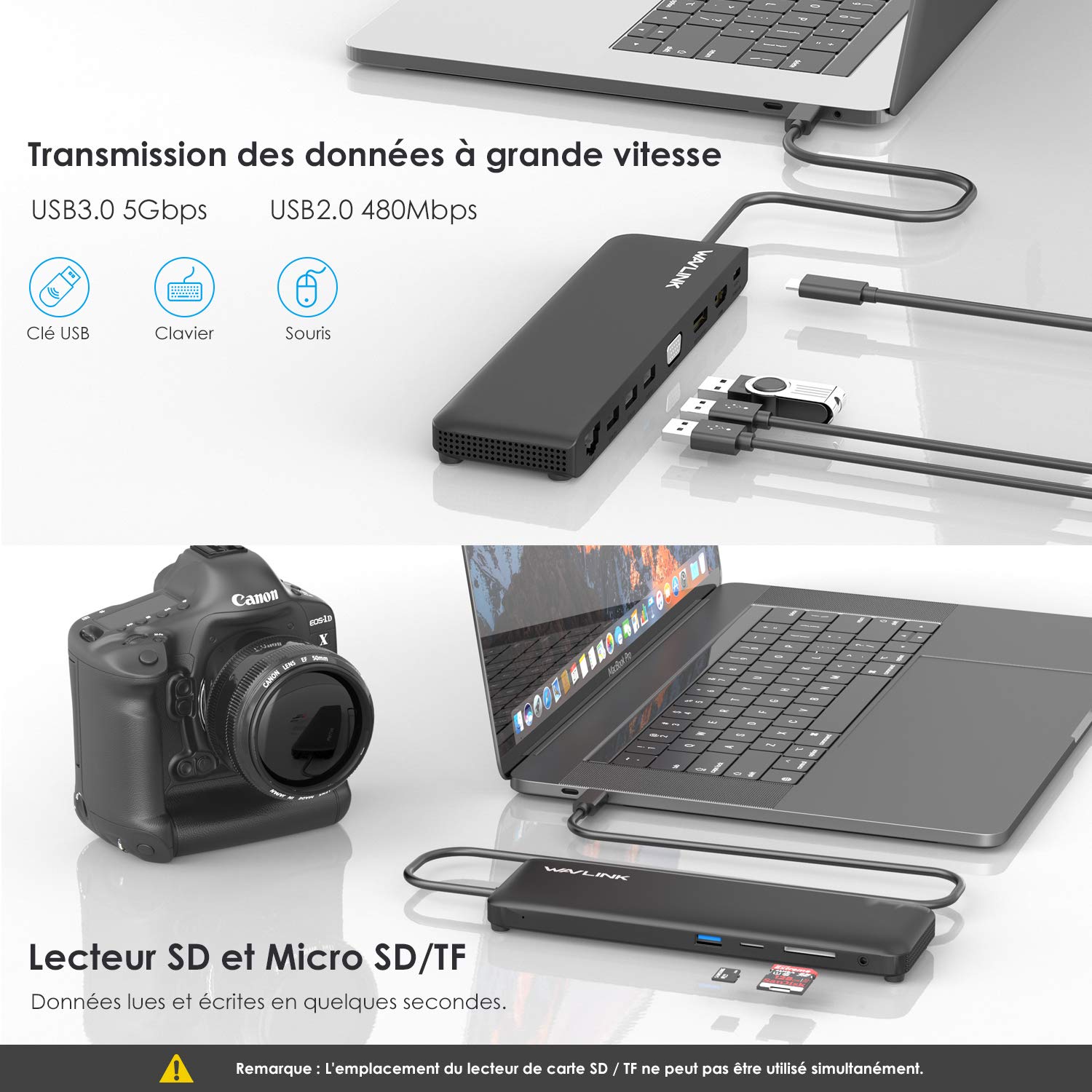 WAVLINK Station d'accueil USB-C, Triple Affichage, Écran d'extension, USB3.0/2.0, VGA, 1x Displayport & HDMI, USB-C 100W PD Charge Alimenté, Rj45 Gigabit Enthernet, Compatible avec Mac Os et Windows