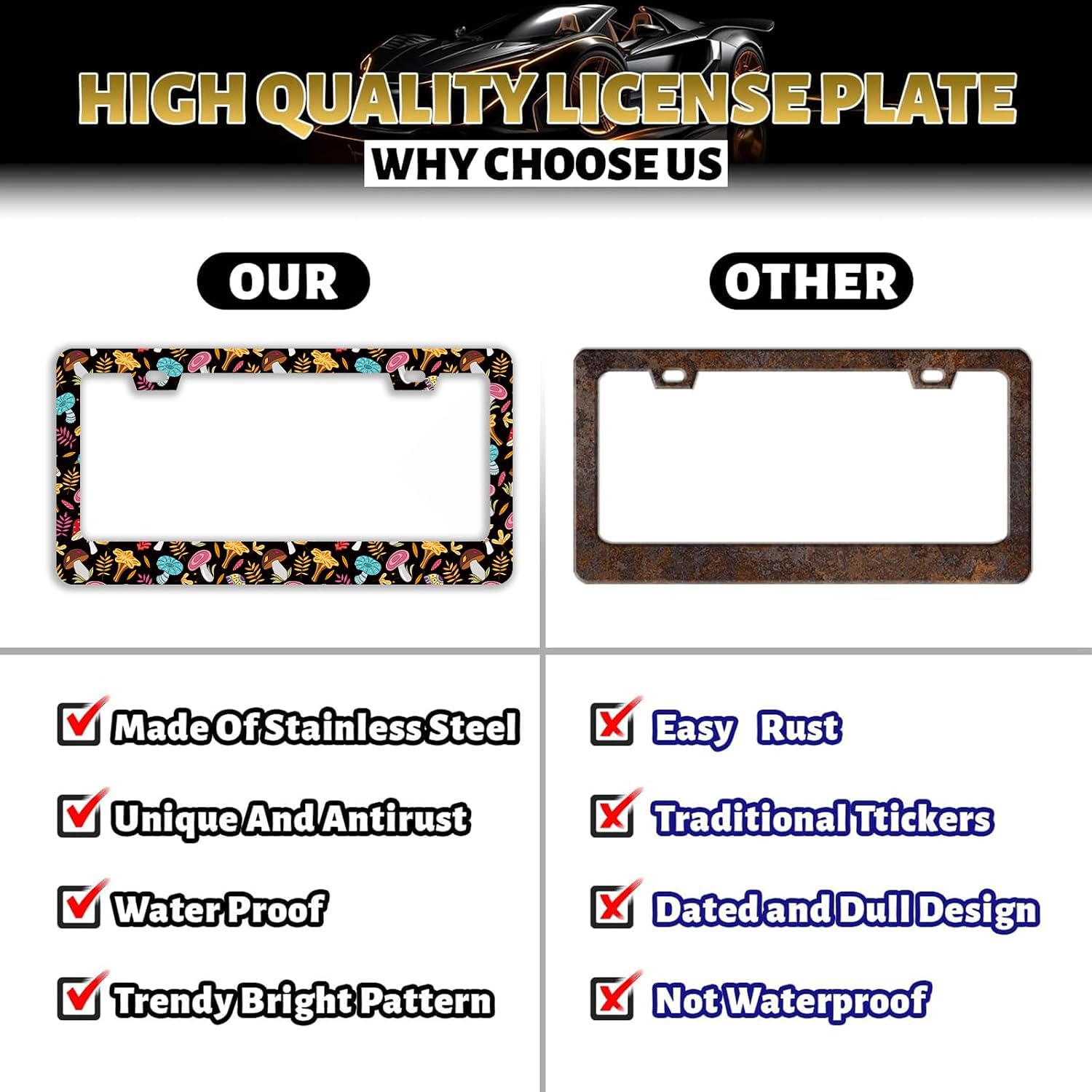 Funny Cute Mushroom License Plate Frame Stainless Steel Metal Auto Car Accessories Decoration with Screws License Plate Frame 2 Holes 6.3" x 12.2" for Women Men Gift image 4