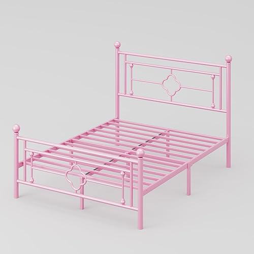 Miniatura 76 de HOOMIC Base de cama de plataforma metálica de tamaño individual de 14 pulgadas con estilo victoriano vintage, cabecera y estribo de hierro