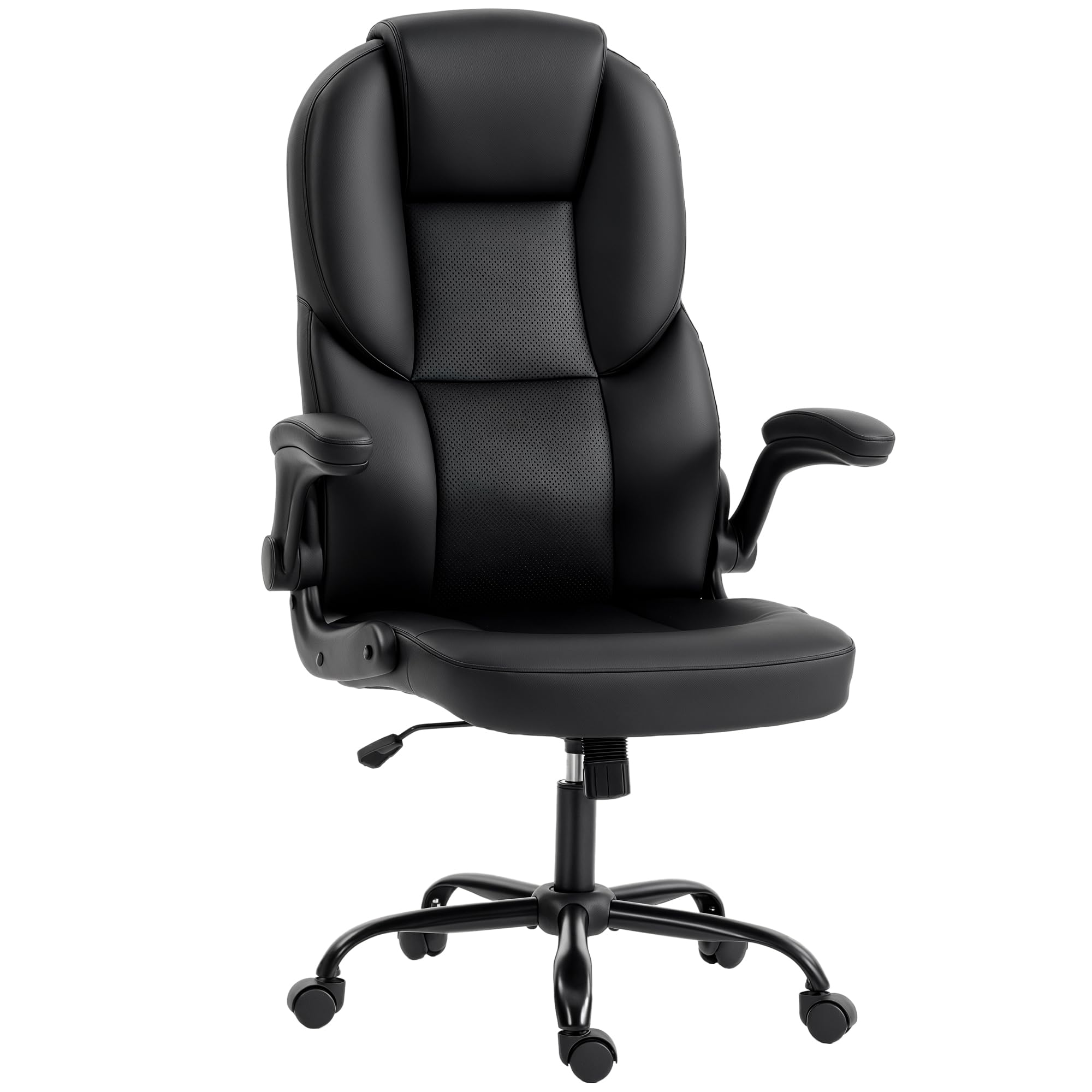HOMCOM Sedia da Ufficio Ergonomica, Braccioli Ribaltabili Imbottiti, Nero | Schienale Curvato Alto Traspirante, Sedia Scrivania Imbottita Girevole in Pelle PU, Funzione Dondolo, Altezza Regolabile