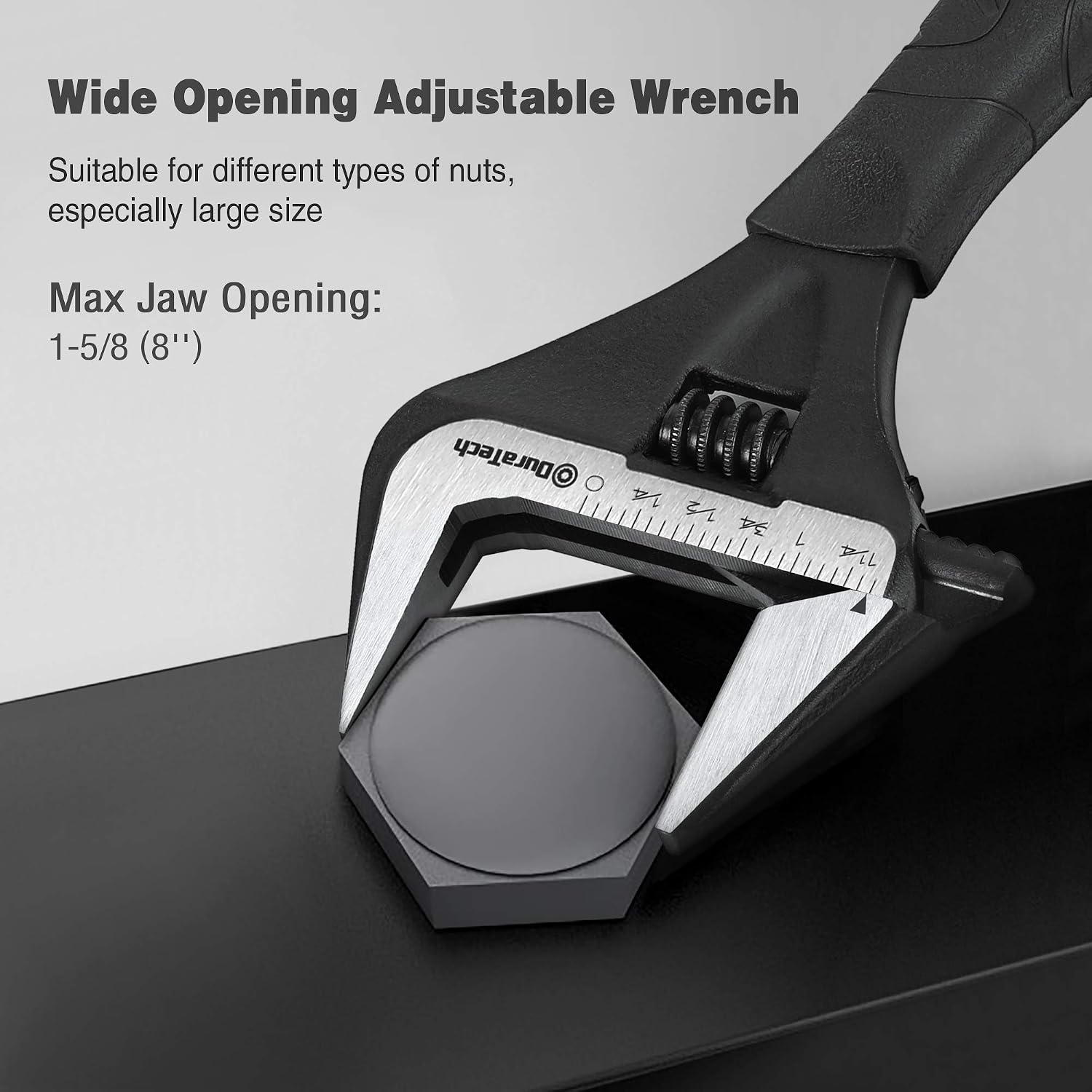 DURATECH 8-Inch Adjustable Wrench, Wide Jaw Opening Black Oxide Finish Plumbing Wrench, CR-V Steel, SAE and Metric Scale Marked, Ergonomic Grip