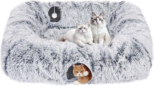Extra Large Cat Tunnel Bed, 4 Ways Tunnels for Indoor Cats, Multi-cat Family Cat Bed & Cave, Plush Cat Donut with Washable Middle Mat, Exit Balls, Pet Play Toy for Kitten Puppy Rabbit, Grey