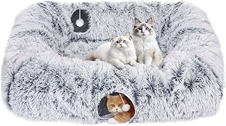 Extra Large Cat Tunnel Bed, 4 Ways Tunnels for Indoor Cats, Multi-cat Family Cat Bed & Cave, Plush Cat Donut with Washable Middle Mat, Exit Balls, Pet Play Toy for Kitten Puppy Rabbit, Grey