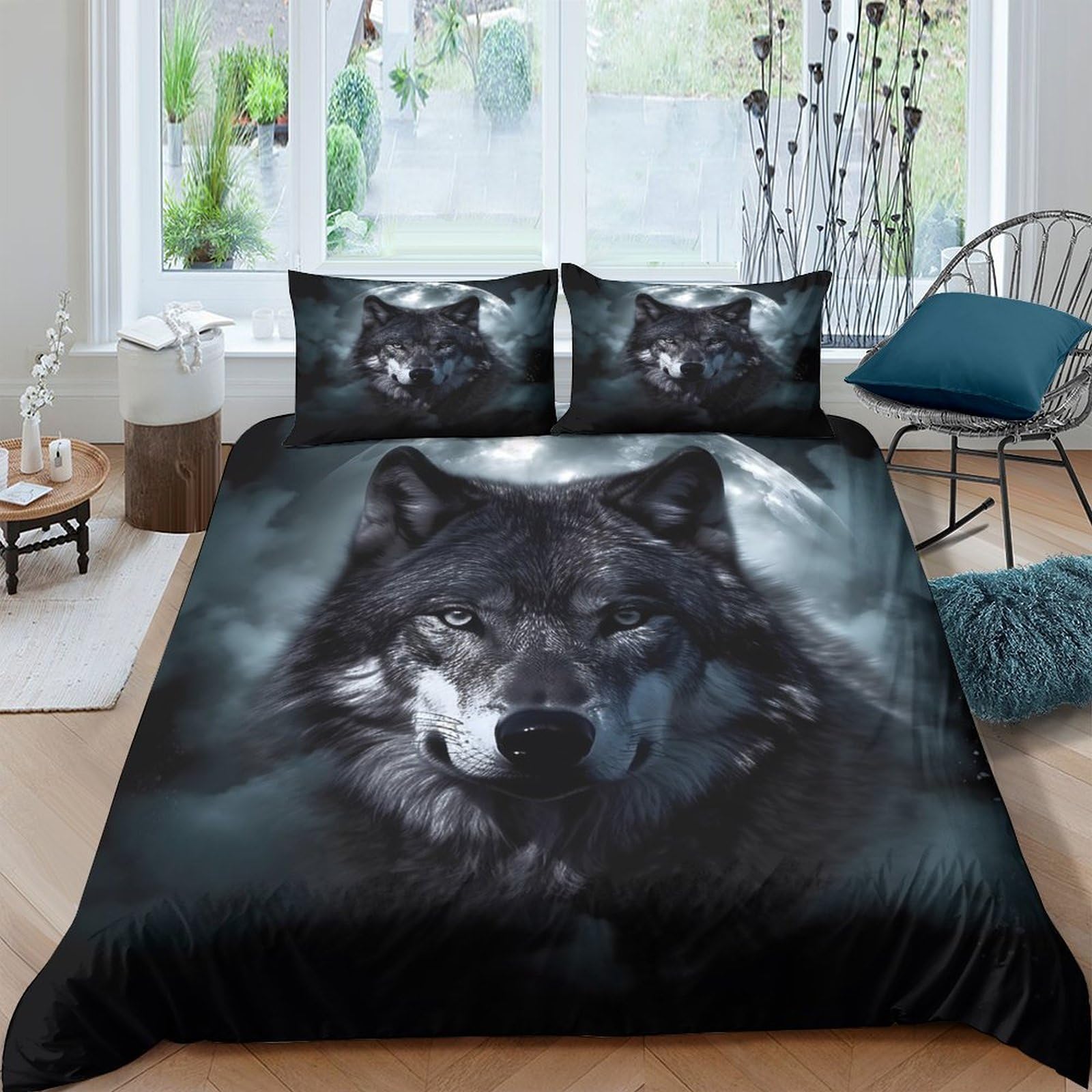P5V6M1Q9 3D Printed Wolf Moon Duvet Cover Microfiber Soft Breathable Forest Night Bedding Set with 2 Pillowcases for Bedroom Decor Single（135x200cm）