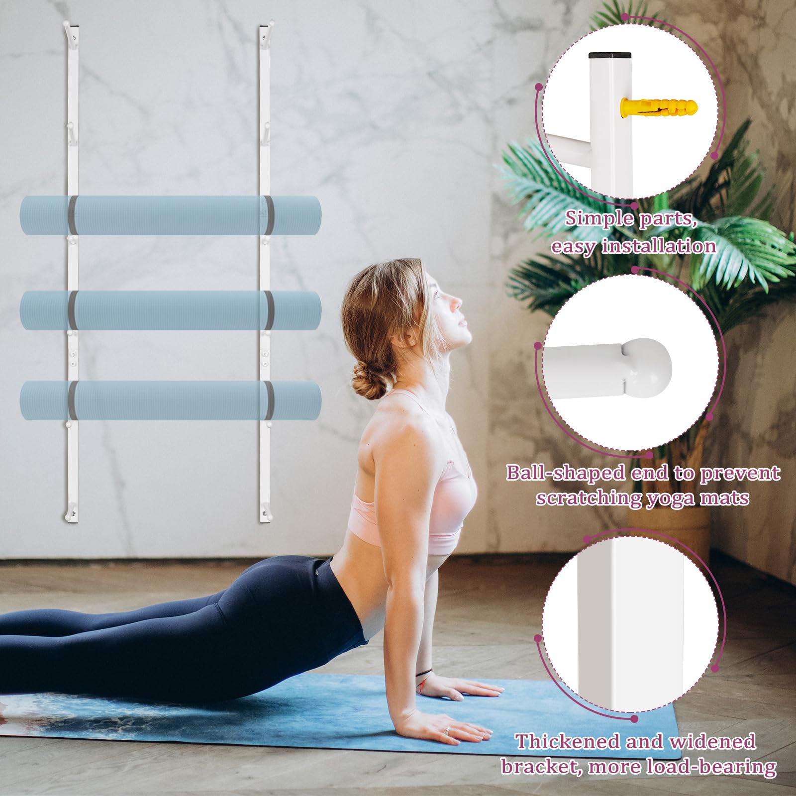 Soporte de pared para esterilla de yoga, organizador de esterilla de yoga, monopatín, soporte de pared para rodillos de espuma, monopatín, tabla de esquí (blanco)