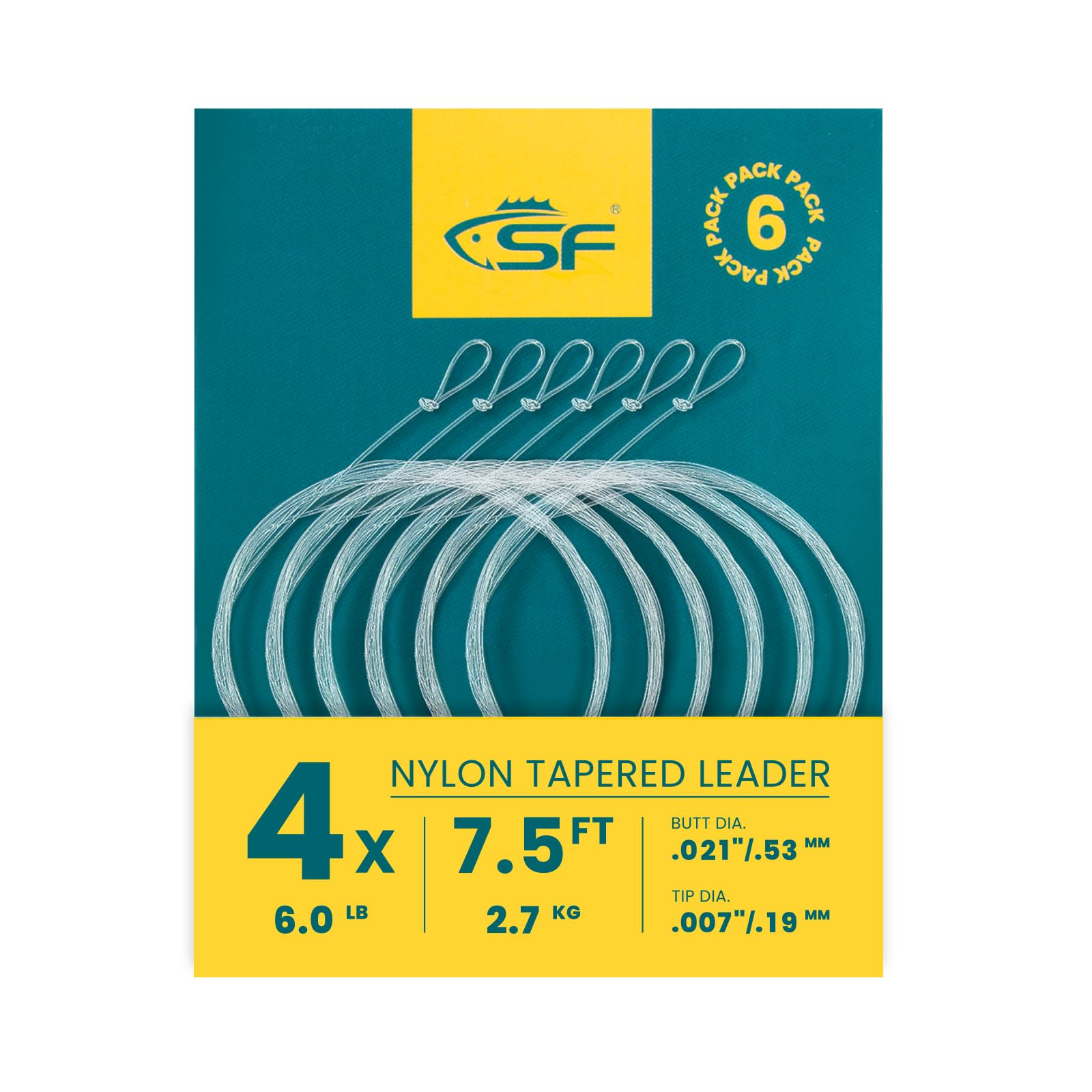SF 6Pcs Pre-Tied Loop Fly Fishing Tapered Leader Nylon Fly Trout Leader 7.5FT-4X — image 1