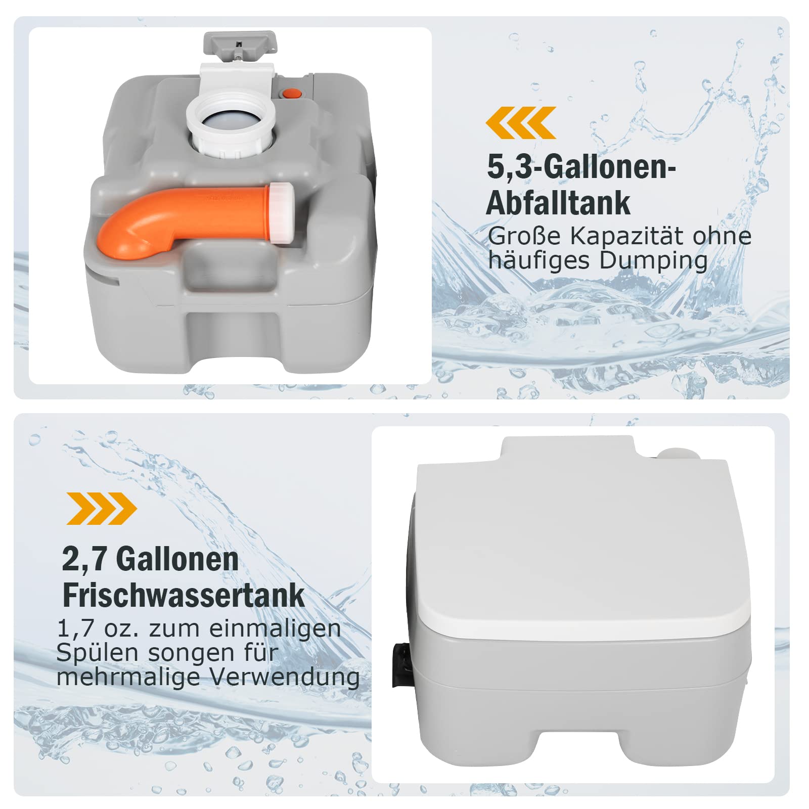 COSTWAY 20+10L Campingtoilette mit abnehmbarem Abwassertank & Wasserstandsanzeige, Campingklo tragbar, Reisetoilette bis 200 kg belastbar, Mobile Toilette für Reise, Camping und Wohnmobil