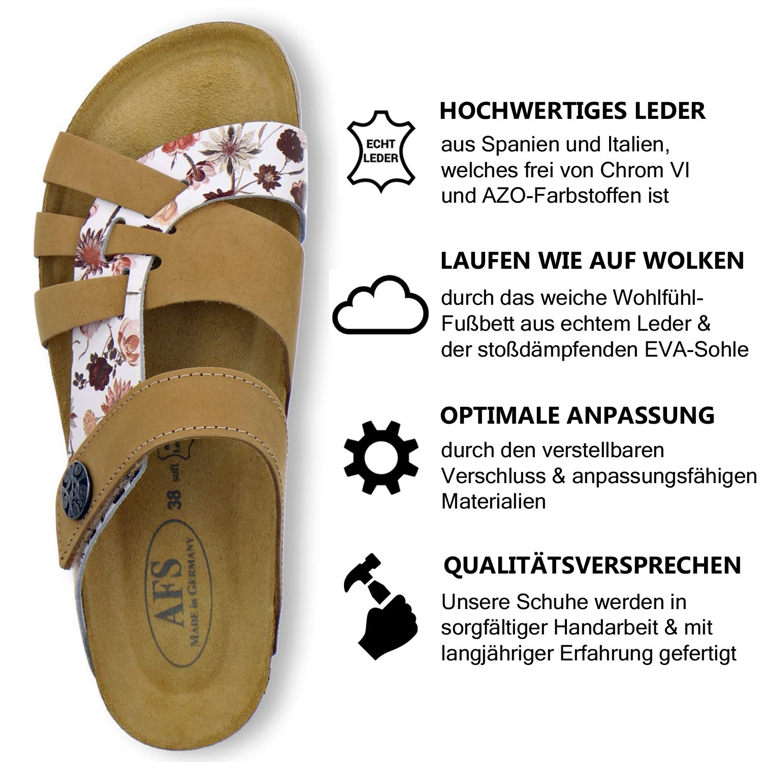 AFS-Schuhe 2120 - Pantuflas de piel con cierre de velcro, cómodas zapatillas para mujer con plantilla para el pie, fabricadas en Alemania
