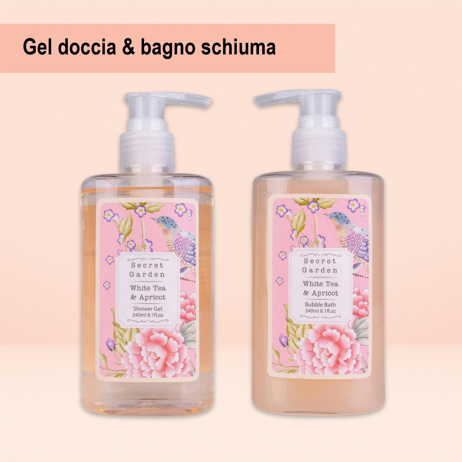Accentra Set regalo SECRET GARDEN, set bagno donna con 240 ml gel doccia e 240 ml bagnoschiuma, cofanetto regalo bagno donna in scatola di legno bianca con manico, idea regalo cura corpo per lei