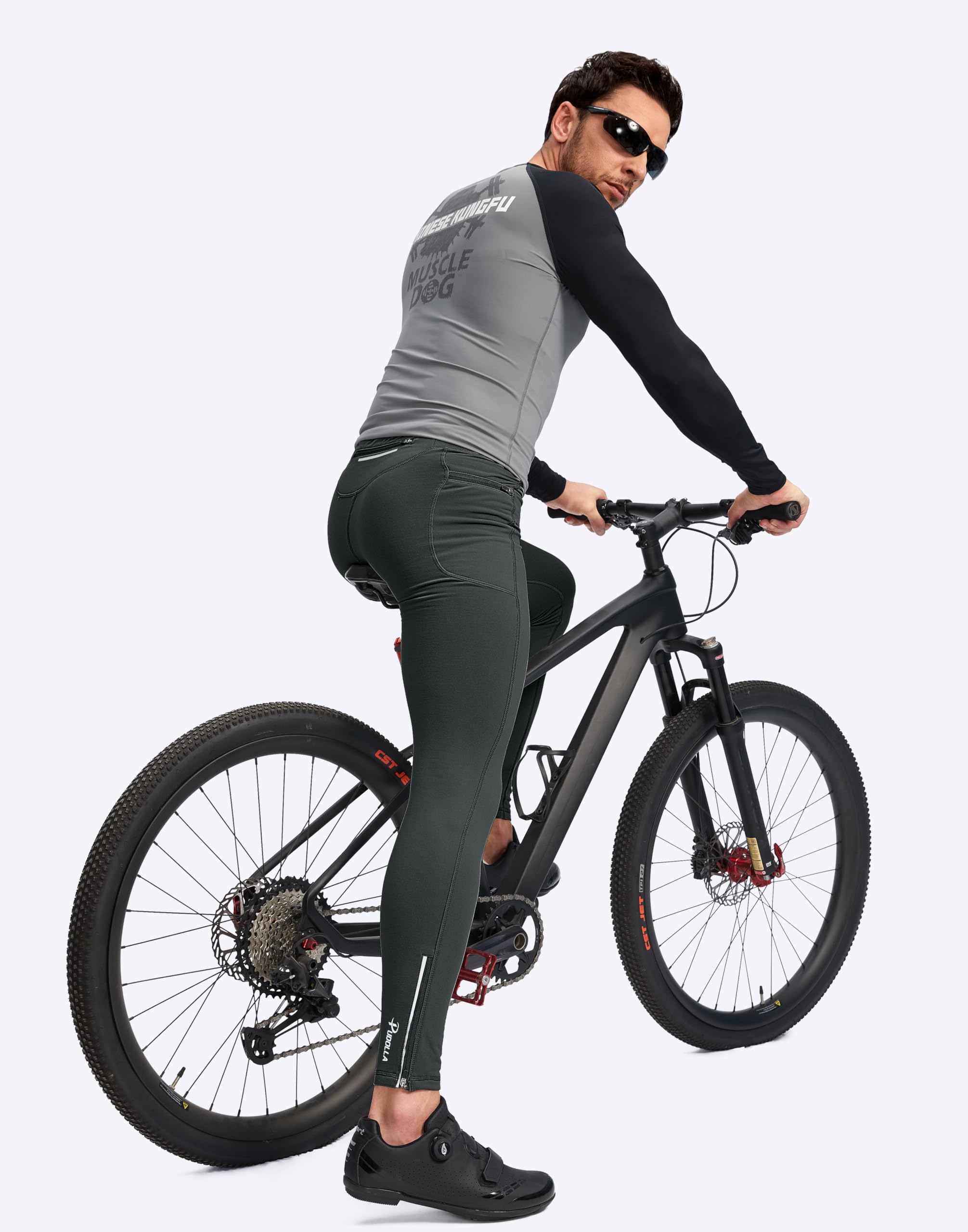 Pudolla Collant thermique de course à pied pour homme avec 3 poches à fermeture éclair pour entraînement, cyclisme, randonnée, jogging