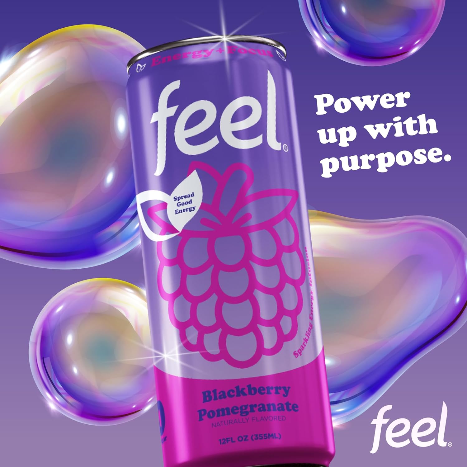 FEEL Blackberry Pomegranate – Zero Sugar Sparkling Energy Drink – 140mg Plant-Based Caffeine from Green Coffee Beans + L-Theanine for Focus – Vitamin C – Vegan, Non-GMO – 12 Pack (12 Fl Oz Cans)