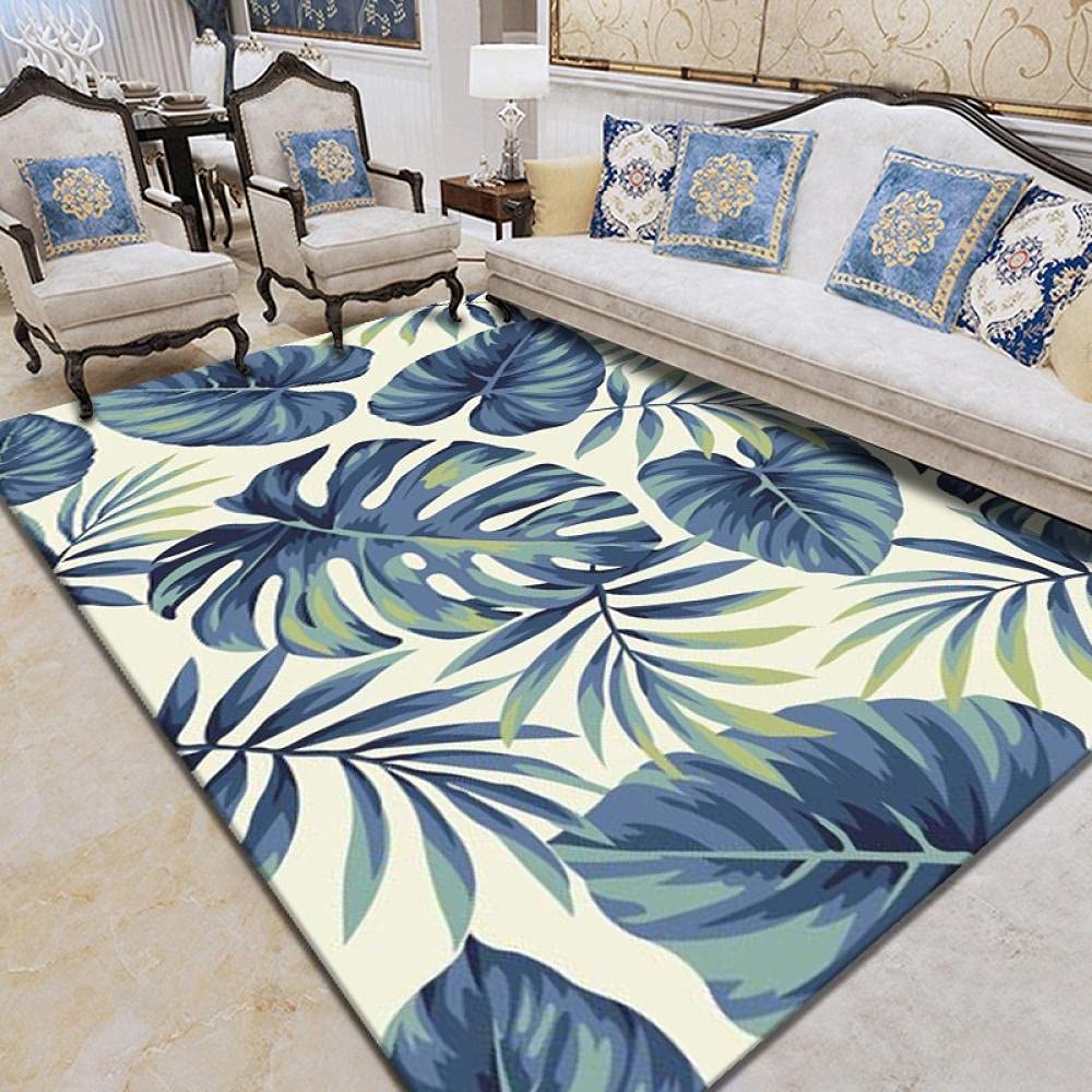 Tapis Salon Design Moderne Feuille De Plante Bleu Canard Tapis Antidérapant Chambre Soft Tapis de Salon Chambre Design Moderne Print Carpet for Home Living Room Decoration 80×150cm