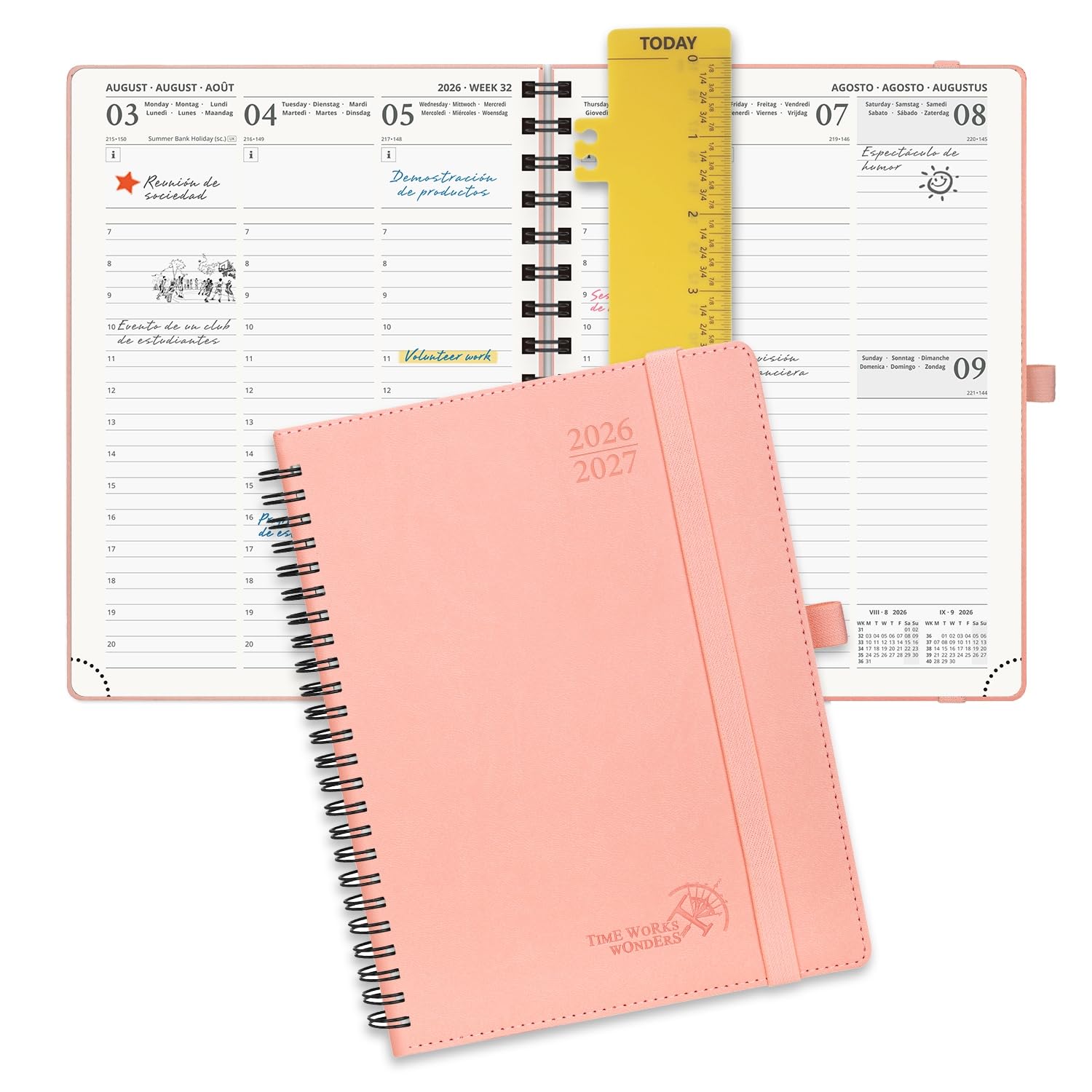 POPRUN Agenda 2026 2027 Semana Vista 22,5 x 16,5 cm, Semanal 17 Meses de Ago.2026 a Dic.2027, Planificador en Espiral, Tapa Blanda, 80 GSM Papel, Rosado