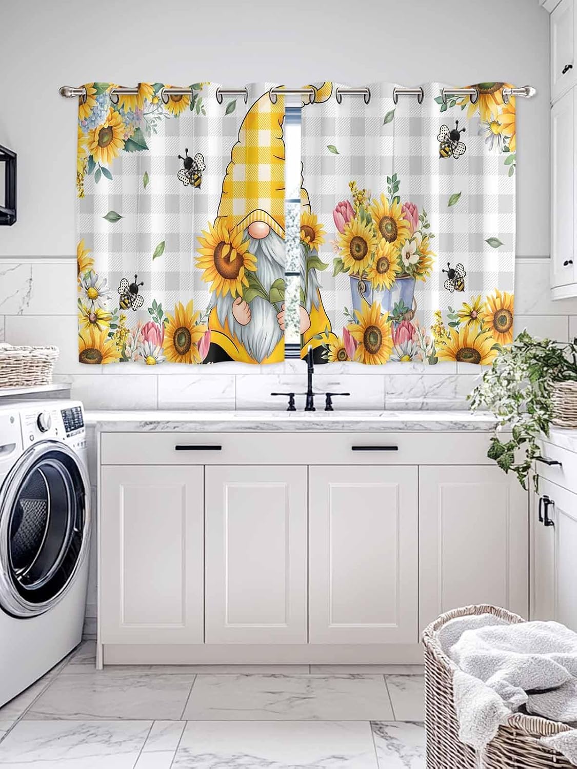 Gnomes Window Curtains Panels with Silver Grommet,Vintage Yellow Sunflower Summer Bee Grey Plaid Kitchen Cafe Curtain Draperies Window Treatment Set for Living Room/Bedroom/Bathroom/Cafe,104x45