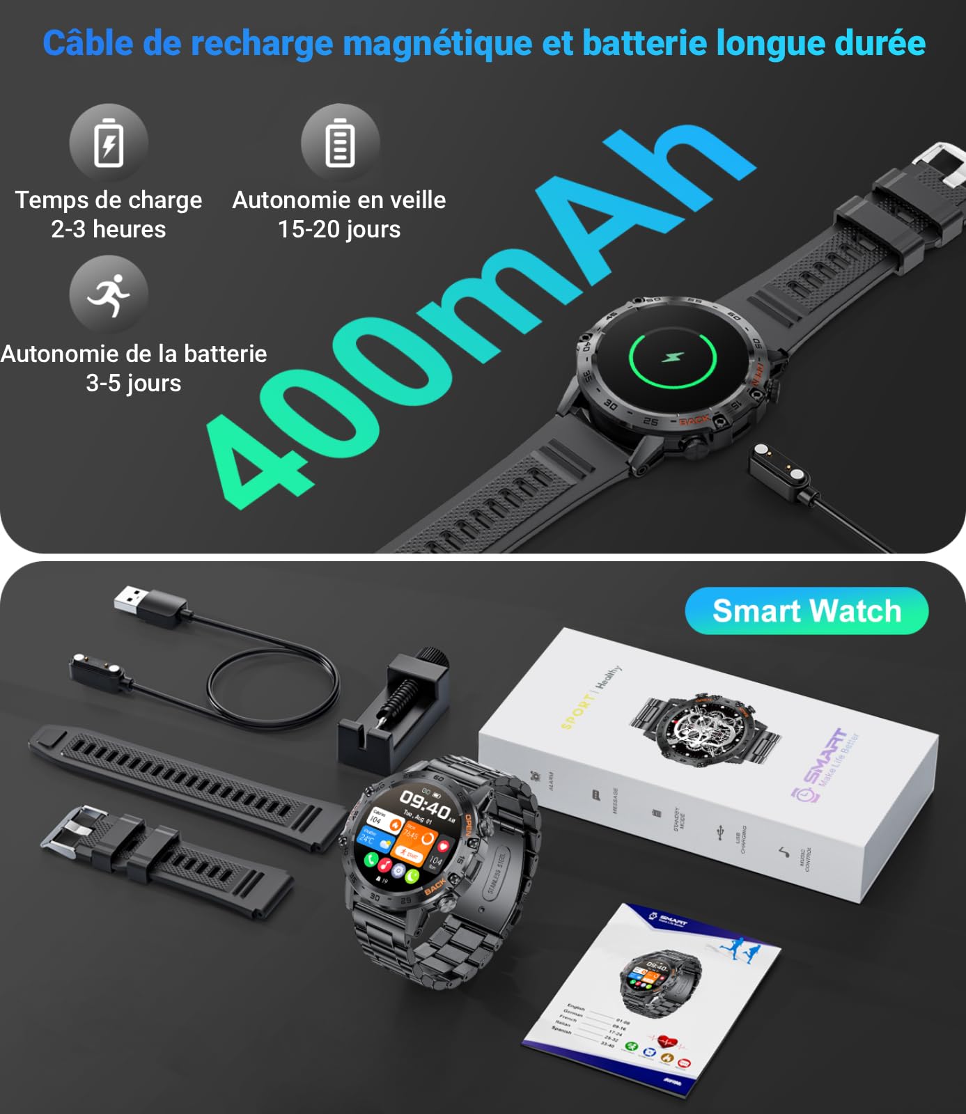 LIGE Montre Connectée Homme, 1.39" Smartwatch avec Fréquence Cardiaque, Tension Artérielle, SpO2, Durée du Sommeil, 300+ Cadran, 100+ Sports Fitness Watch pour Android iOS, IP67, Noir
