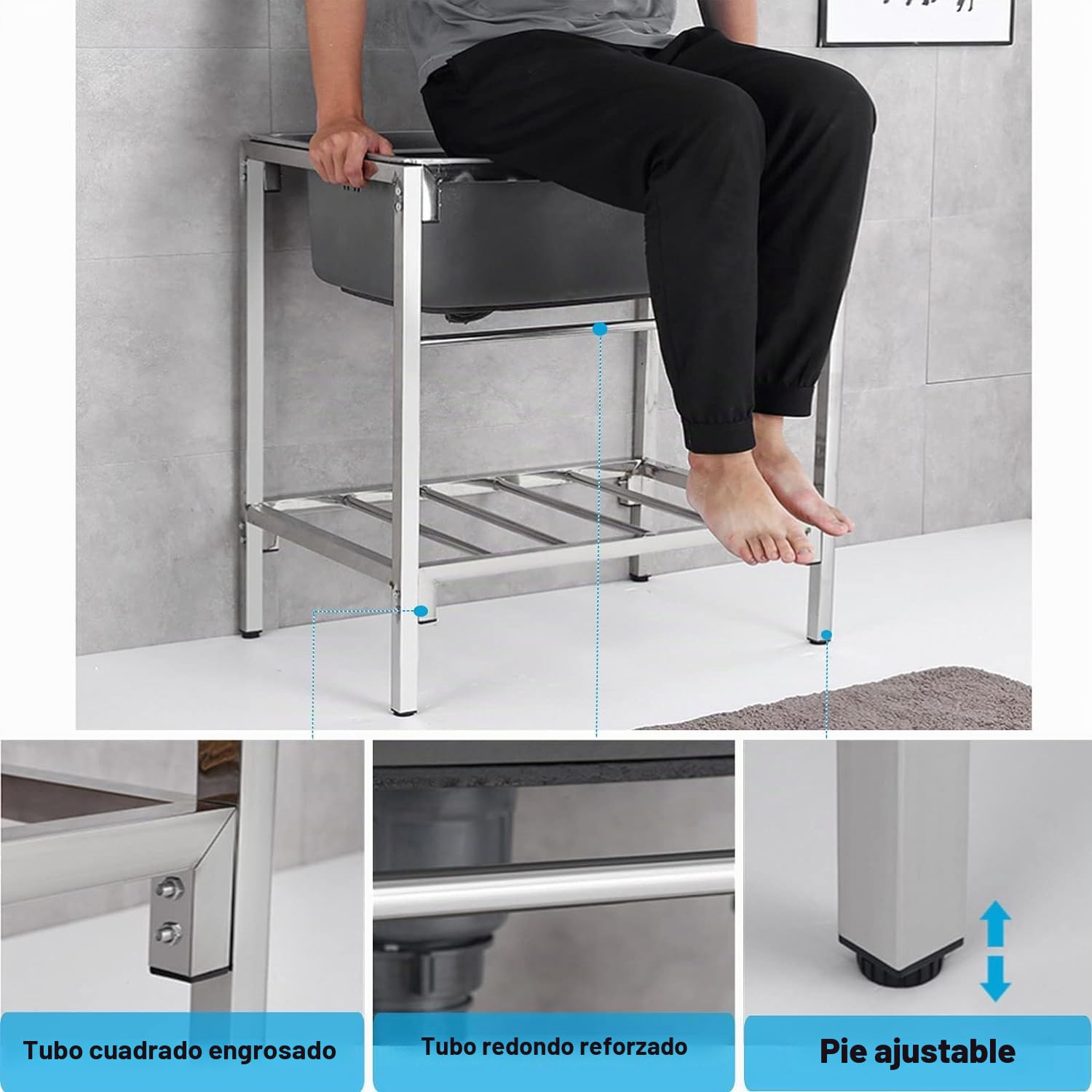 Fregadero exterior Móvil Utilitario Fregadero de cocina independiente de una cubeta 304 de acero inoxidable con grifo, tubos de agua fría y caliente para taller, granja, gastronomía, jardín