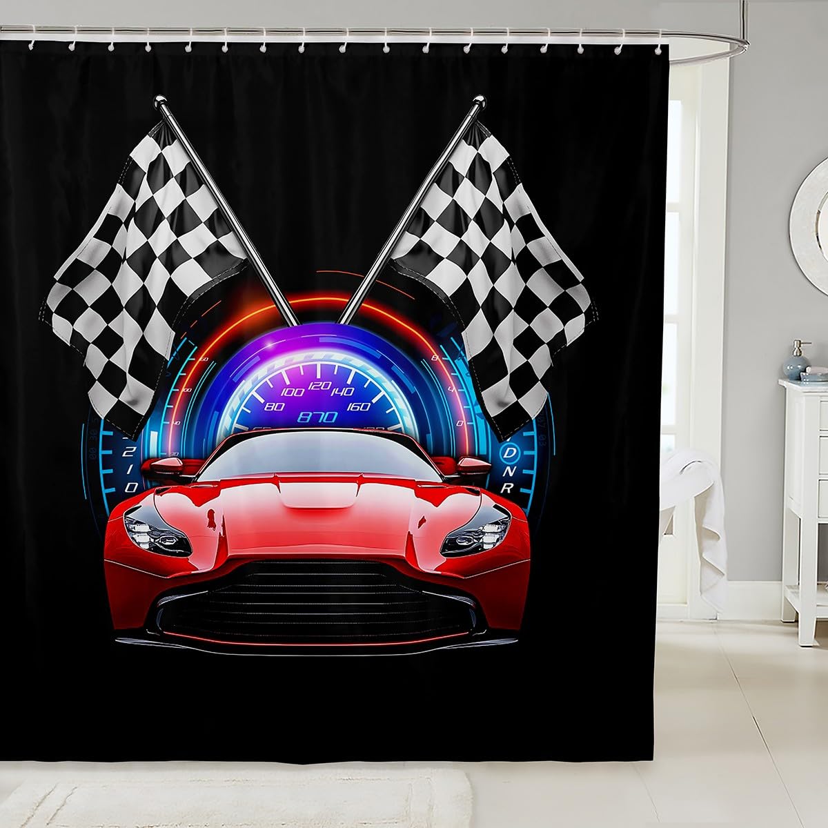 Erosebridal Red Race Car Shower Curtain for Boys Teens, Cool Racing Bathroom Curtain 72x72 Inch, Speed Sports Bath Curtain, Black White Plaid Check