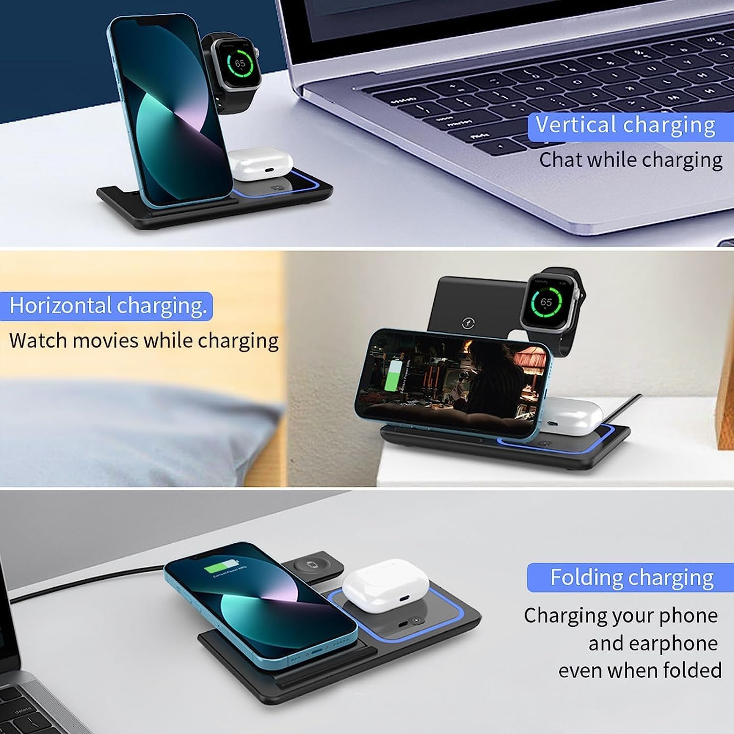 Chargeur sans Fil Conception 3 en 1 Chargement Multi-appareils Protection Multiple Ouverture/Fermeture à 60° par basculement