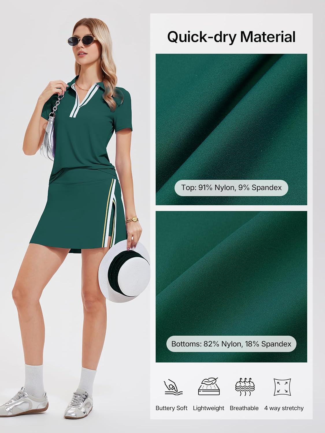 Women’s 2 Piece Tennis Skirt Set Colorblock V Neck Polo & High Waisted Side Slit Skort Athletic Outfit for Pickleball Golf