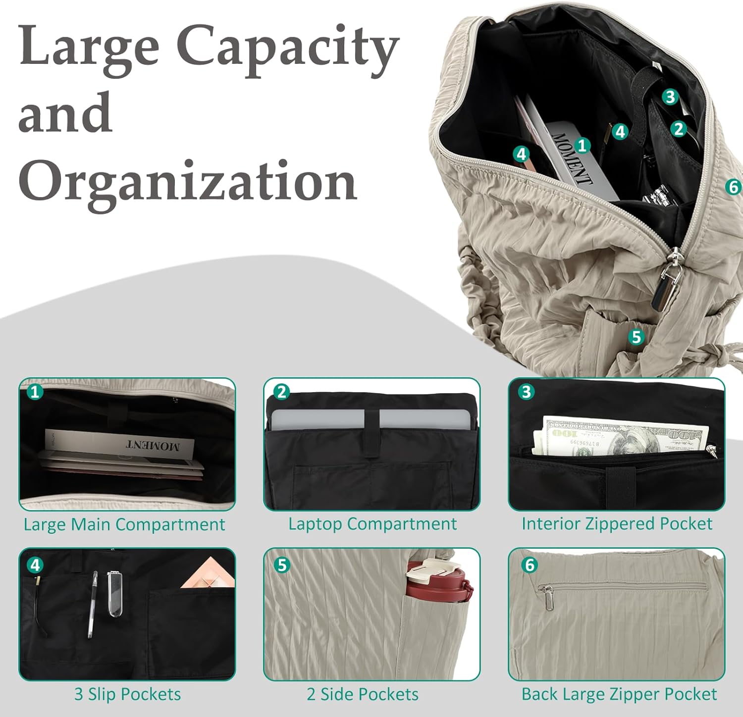 U+U Women's Large Tote Bag with Adjustable Shoulder Strap, Multiple Compartments Crossbody Shoulder Bag for Travel, Work, Gym - Image 5