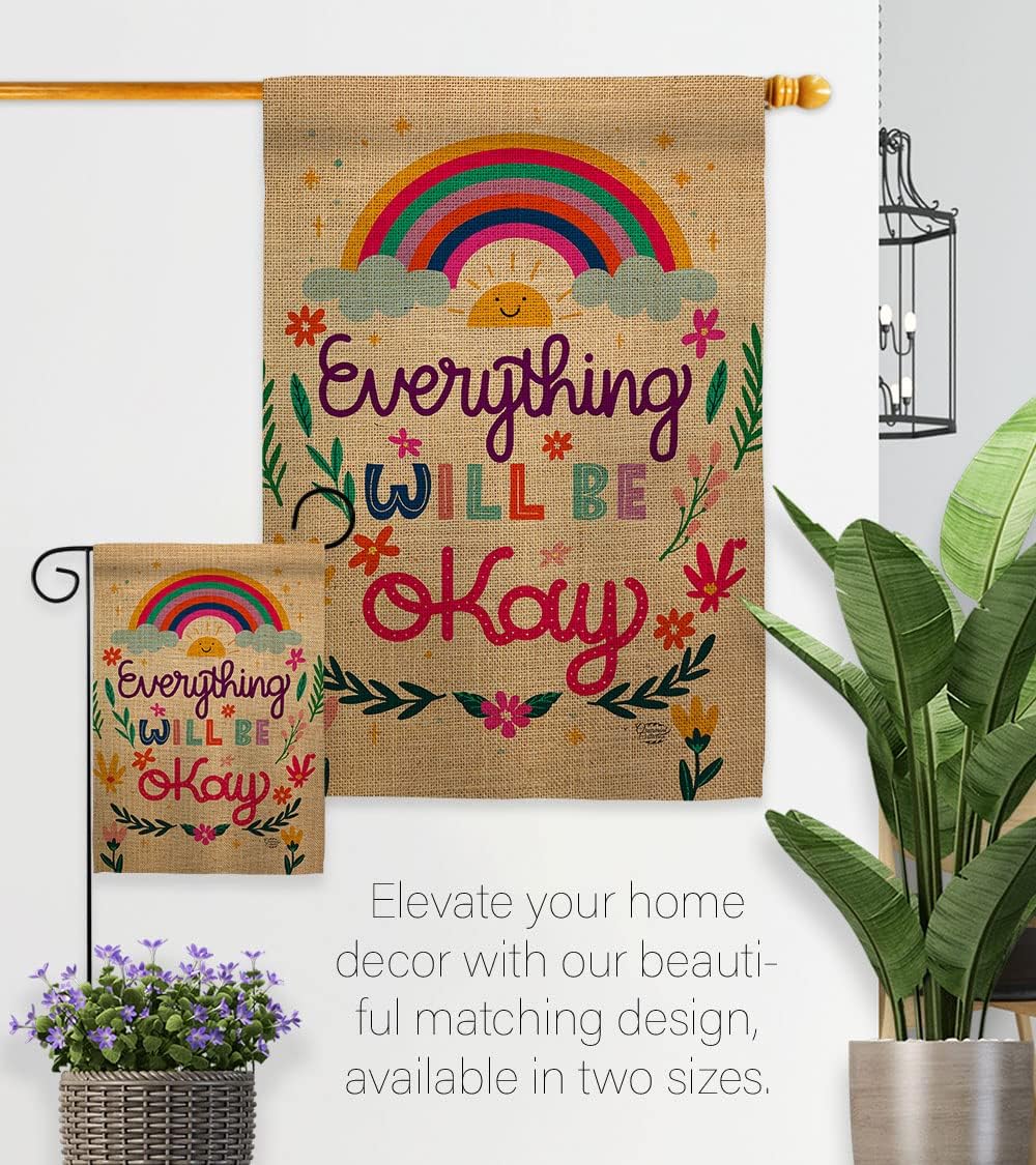 Everything Be Okay Garden Flag - Set with Stand Expression Inspirational Spiritual Hope Love Wisdom Support Emotion Postive - House Banner Small Yard Gift Double-Sided Made In USA 13 X 18.5