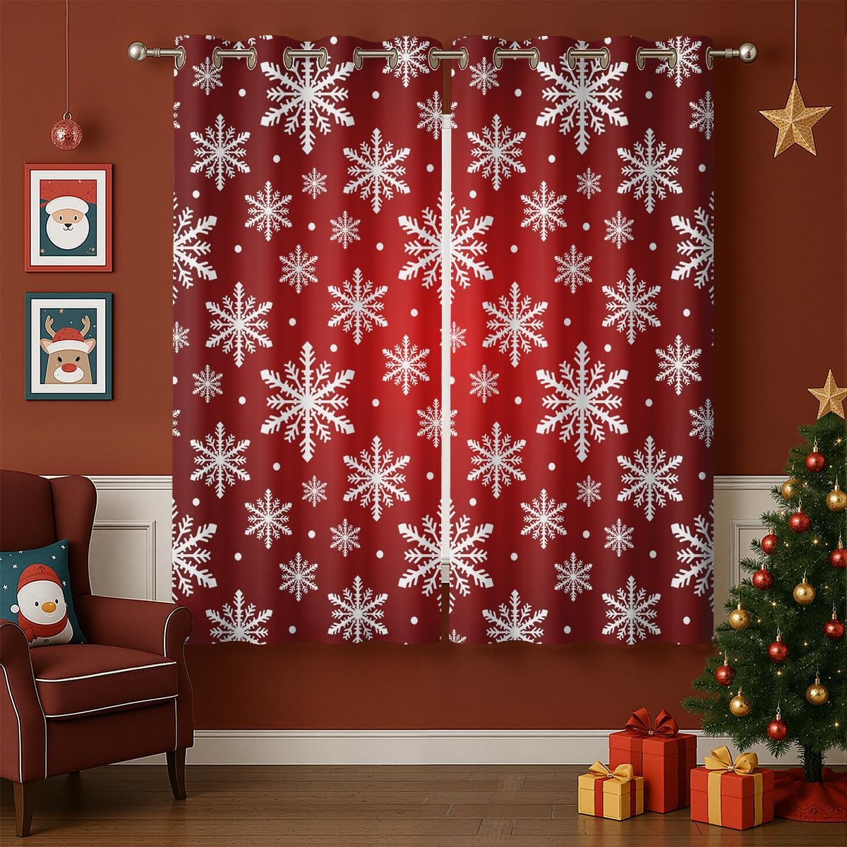 Christmas Blackout Curtains for Girls Boy Home Decor, Holiday Decorative Red Xmas Snowflake Grommet Thermal Insulated Drapes Darkening Window Curtain for Bedroom Living Room, 42 x 45 Inch