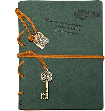 EvZ Leather Writing Journal Notebook - 7" Retro Vintage Key Bound Diary, 320 Pages Unlined Kraft Paper Antique Sketchbook, Dark Green Handmade Travel Journal for Men & Women, Writing Notepad Guest Book