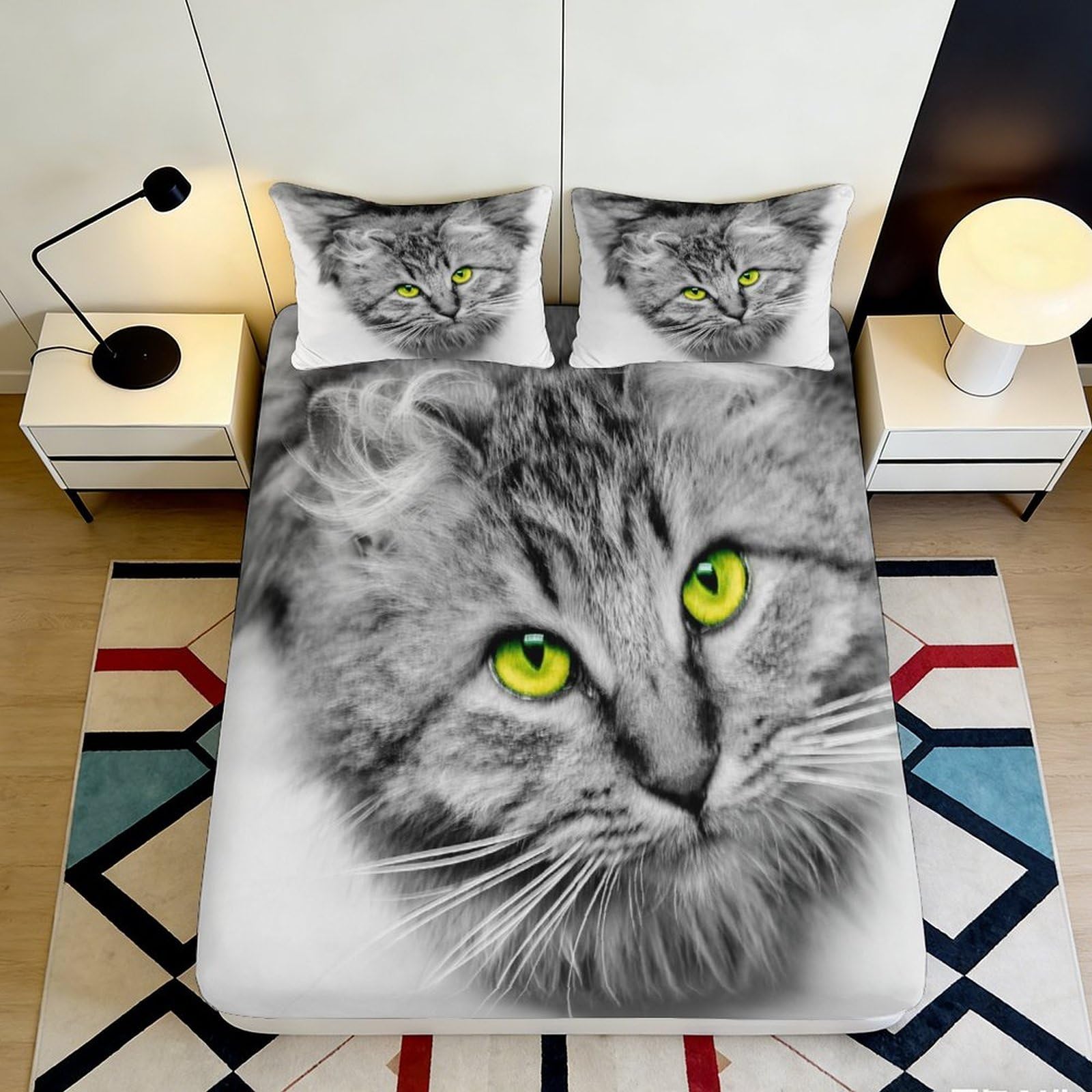3D Printed Cat Face Fitted Sheet Microfiber Soft Breathable Green Eyes Bed Cover for Bedroom Dormitory Guest Room Mattress Protection Decor 200x200x25cm