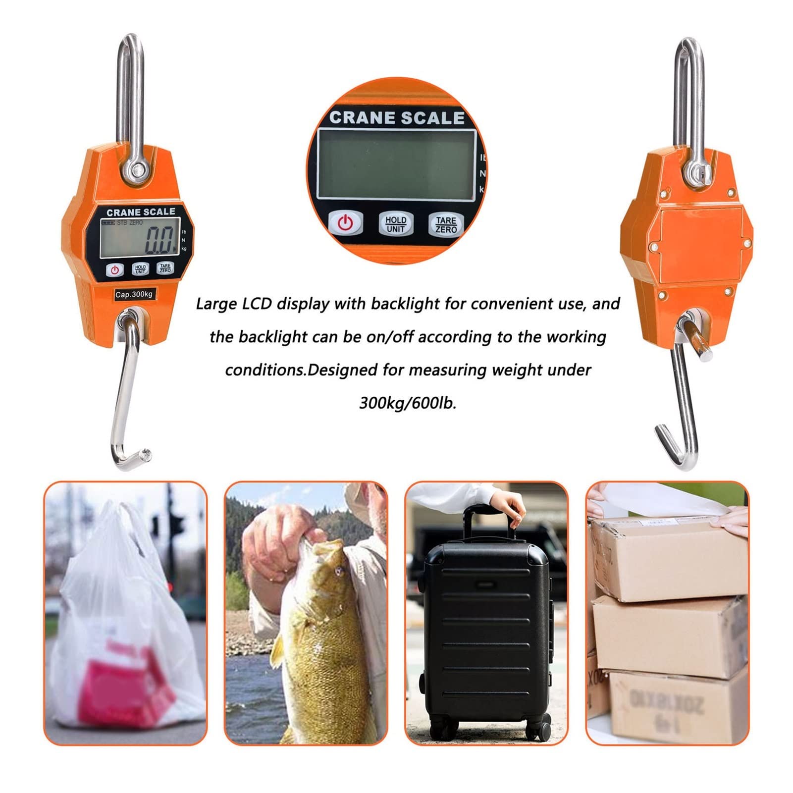 Cyfrowa waga dźwigowa, Waga Dźwigowa O Wadze 300 Kg Hak Do Zawieszania Cyfrowy Przenośny Mini LCD Ze Stali Nierdzewnej Użytku Komercyjnego,Gospodarstwo,Wędkarstwo, Ryby,
