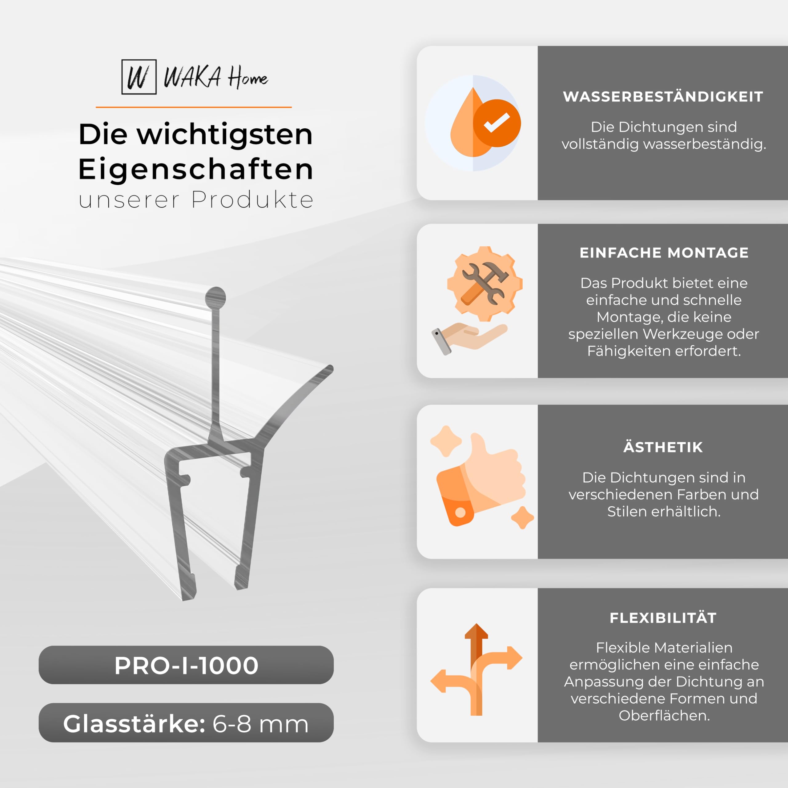 WAKA WAKA Premium Pro I uszczelka prysznicowa do drzwi prysznicowych, optyczna uszczelka prysznicowa, przezroczysta, uszczelka do szklanych drzwi 6-8 mm, 100 cm, do kabiny prysznicowej i drzwi