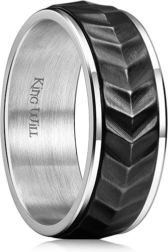 King Will Black Silver Gold Mens Spinner Anxiety Fidget Ring 8mm Stainless Steel Wire Mesh Chain Woven MeshTire StripeGroove Ring for Stress