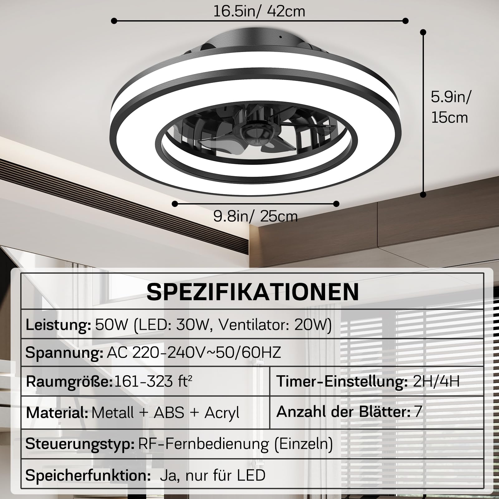 Nigecue 50W Deckenventilator mit Beleuchtung, Ø42CM, Fernbedienung, 3000K-6500K, RGB, 6 Windstufen, Timer, 3200lm