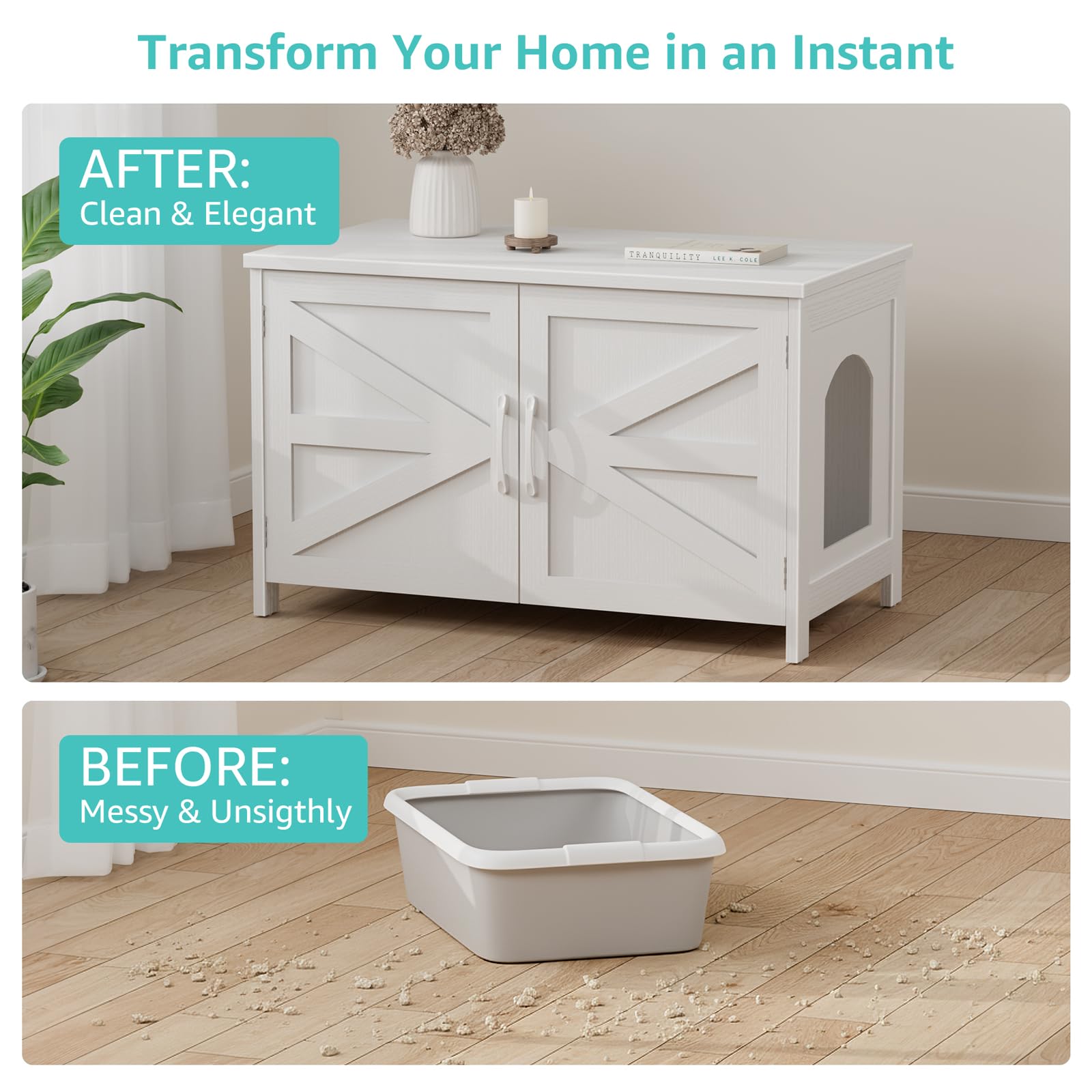 Cat Litter Box Enclosure Furniture - Wooden Hidden Cat Washroom Furniture with Barn Door, Wood Pet House Litterbox, White Extra Large XL Enclosed Litter Hiding Enclosures - image 5