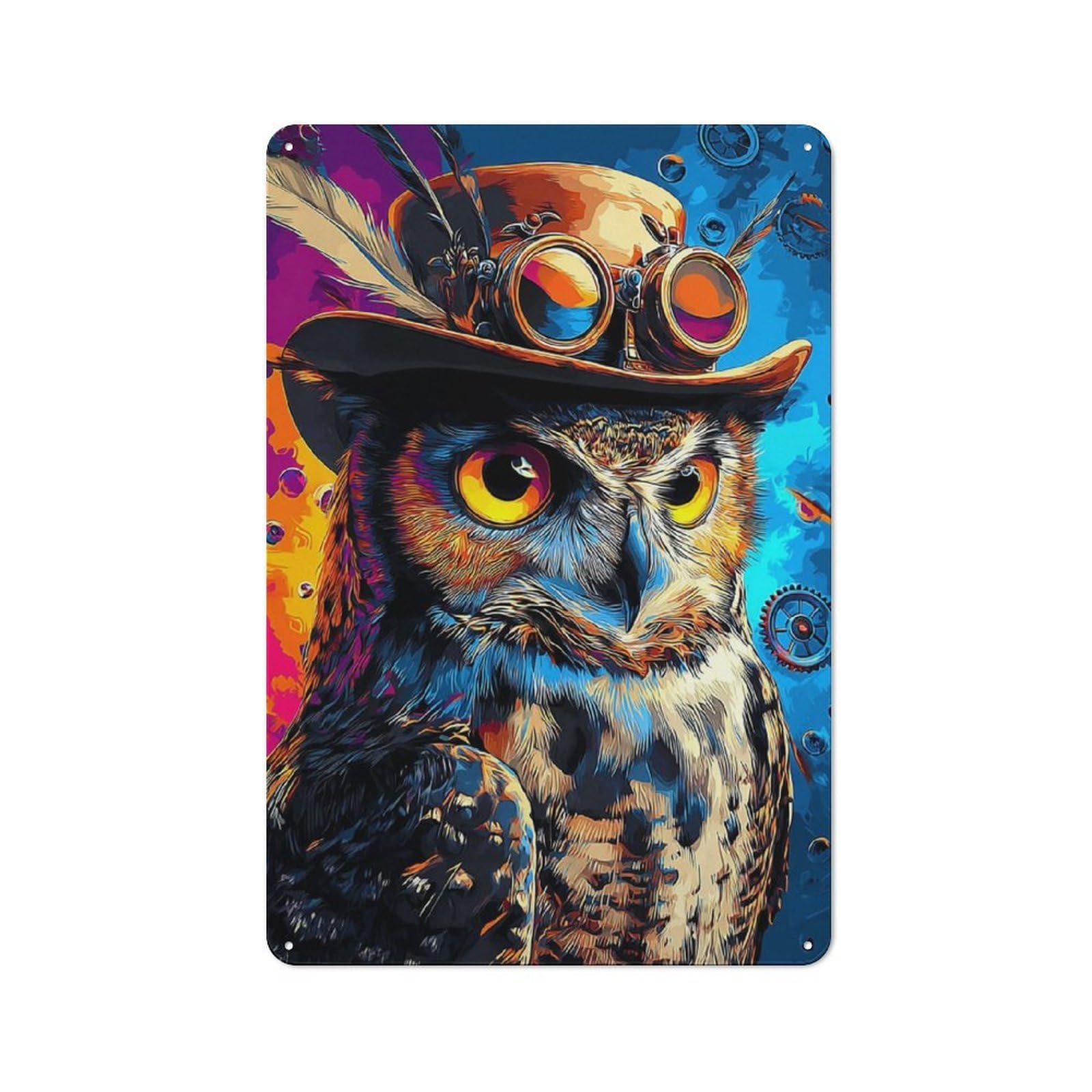 Junmoney Steampunk Owl Art Print-1 Vintage Metal Plaque 30X20cm For Dining Room Or Kitchen, For Dining Room Decor Fans