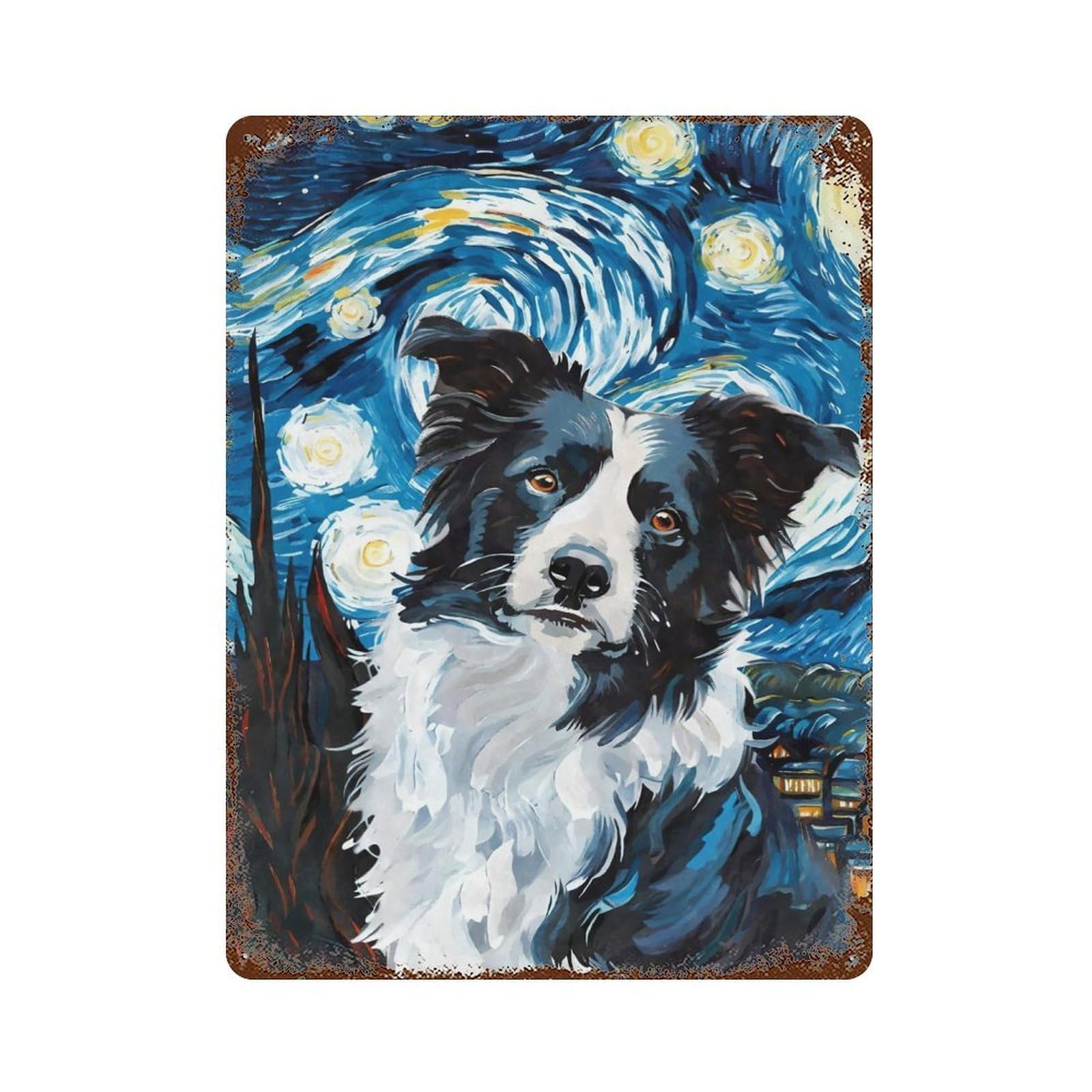 Rust Effect Border Collie Starry Night Rusty Metal Tin Sign 15.7"x11.8", Old School Wall Decor for Basement, Hobby Room And Garage Decor