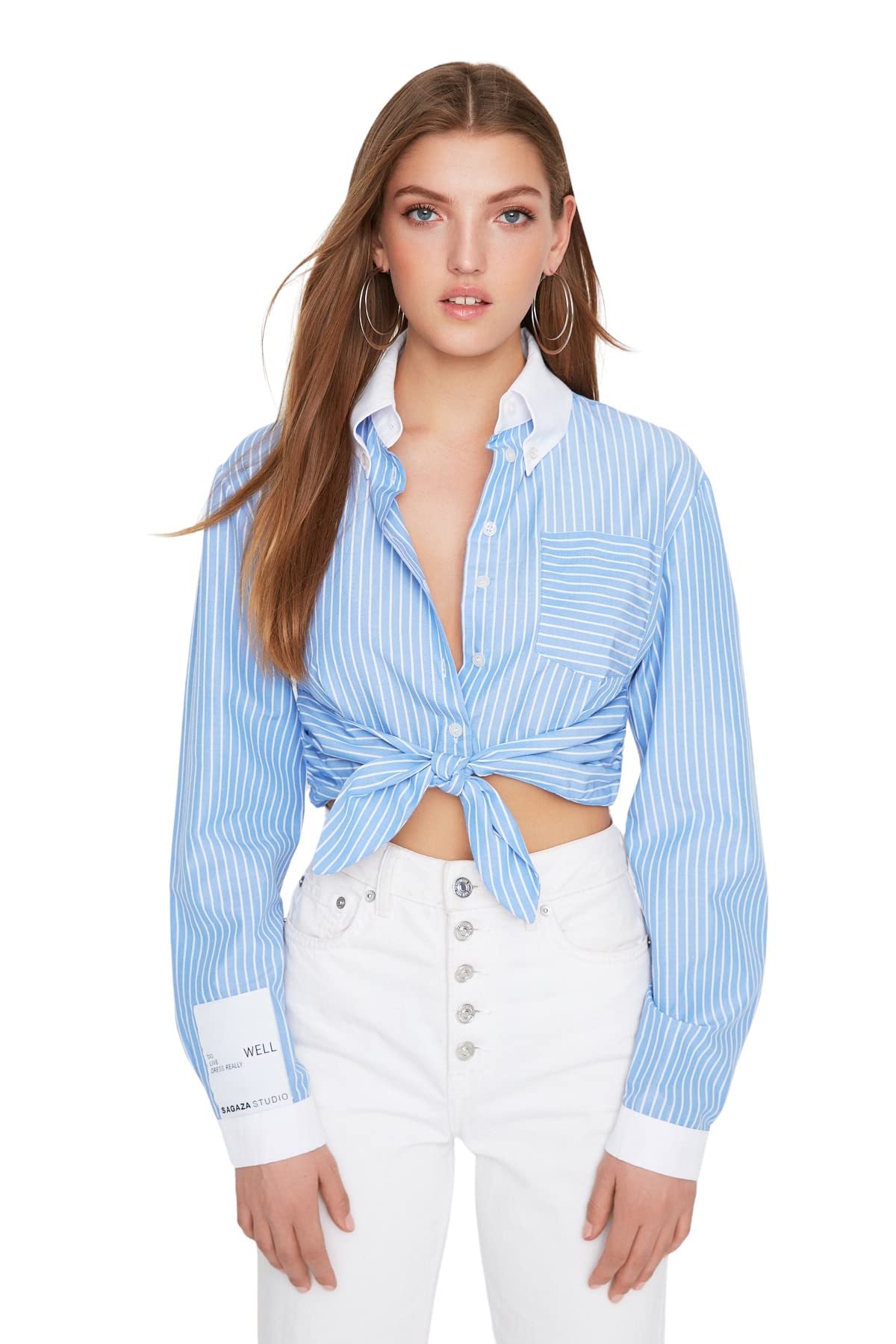 Trendyol Women Regular fit Basic Shirt Collar Woven Shirt,Blue-Multicolor,34