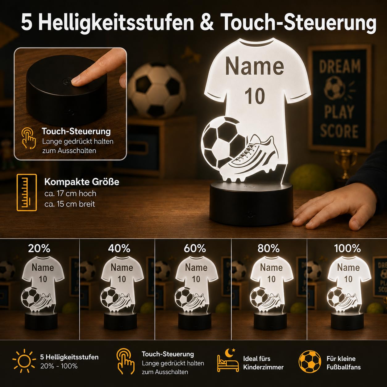 Idea regalo per calciatori per bambini e adulti, luce notturna, lampada da tavolo, decorazione per la casa nome e numero