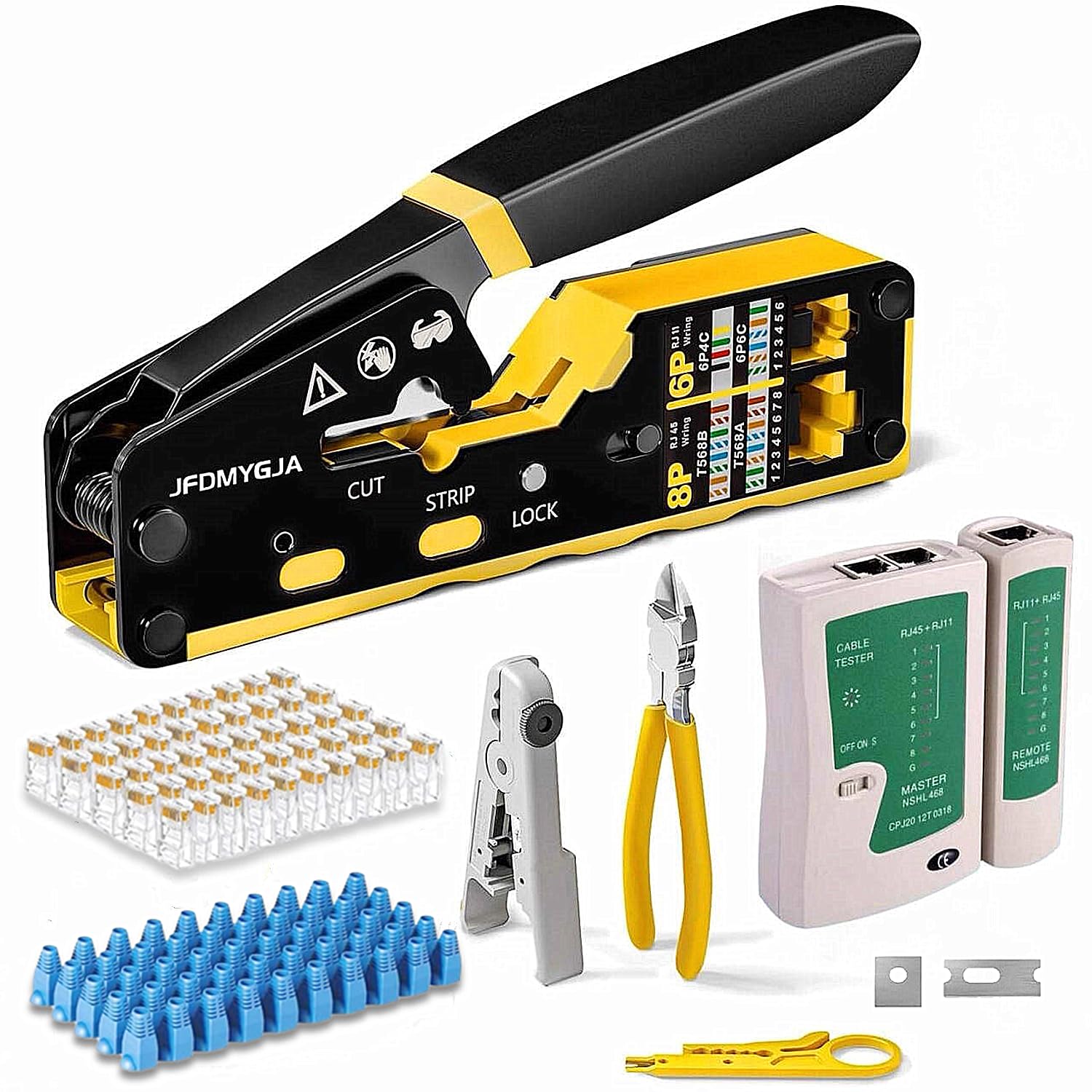 RJ45 Crimp Tool Kit Pass Through, Ethernet Crimper Cat6 Cat5e Cat5 | Ethernet-Crimpzange mit Netzwerkkabeltester, RJ45 Pass Through Steckverbinder, Abisolierzange