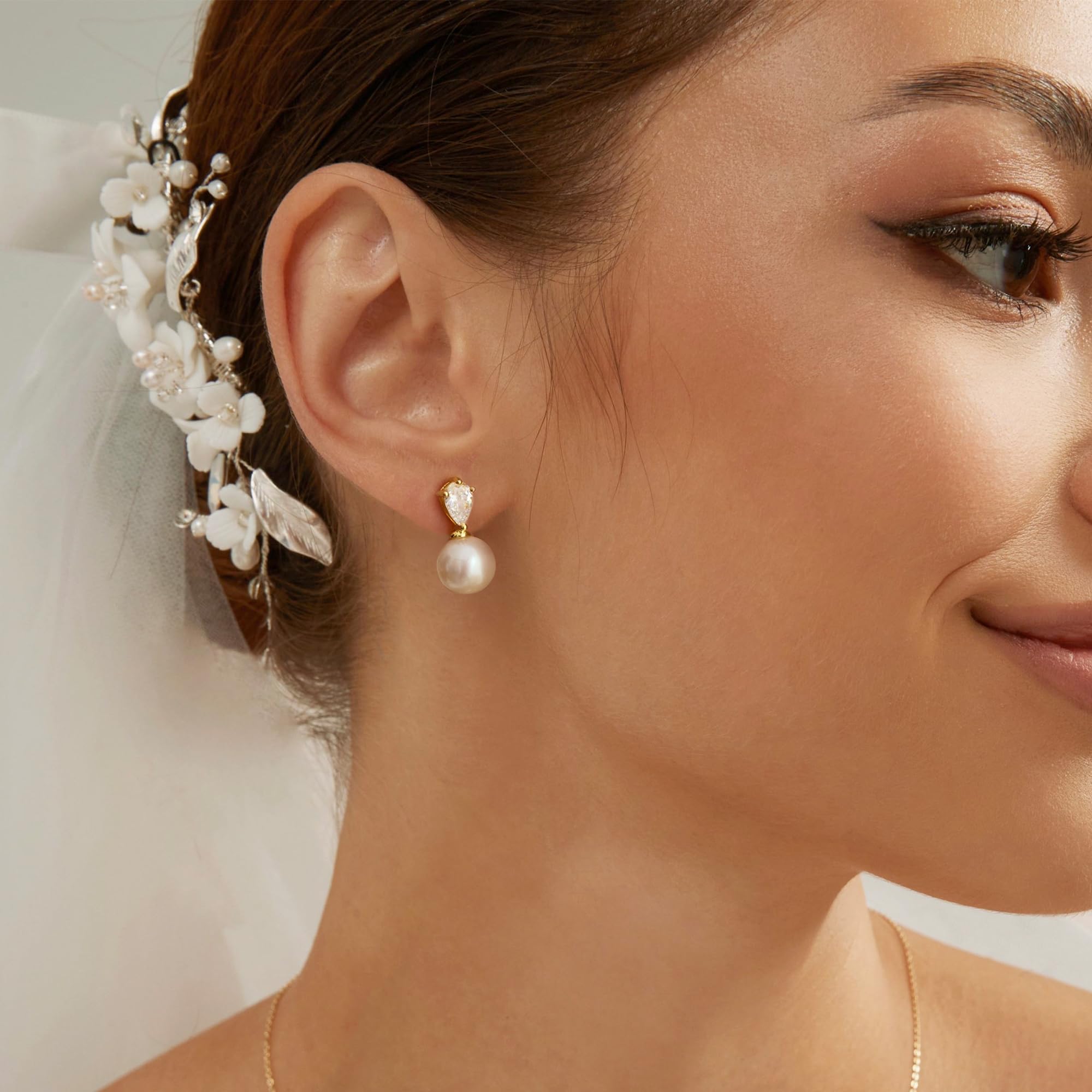 HLJEO Mothers Day Gifts Gold Pearl Earrings For Women,Dainty Wedding Earring 14K Gold Plated Formal Pearl Drop Earrings For Women Trendy Simple Prom Wedding Bride Earring Fashion Womens Jewelry — view 4