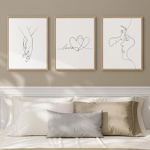 Framed Minimalist Couple Love Heart Line Canvas Wall Art 12x16
