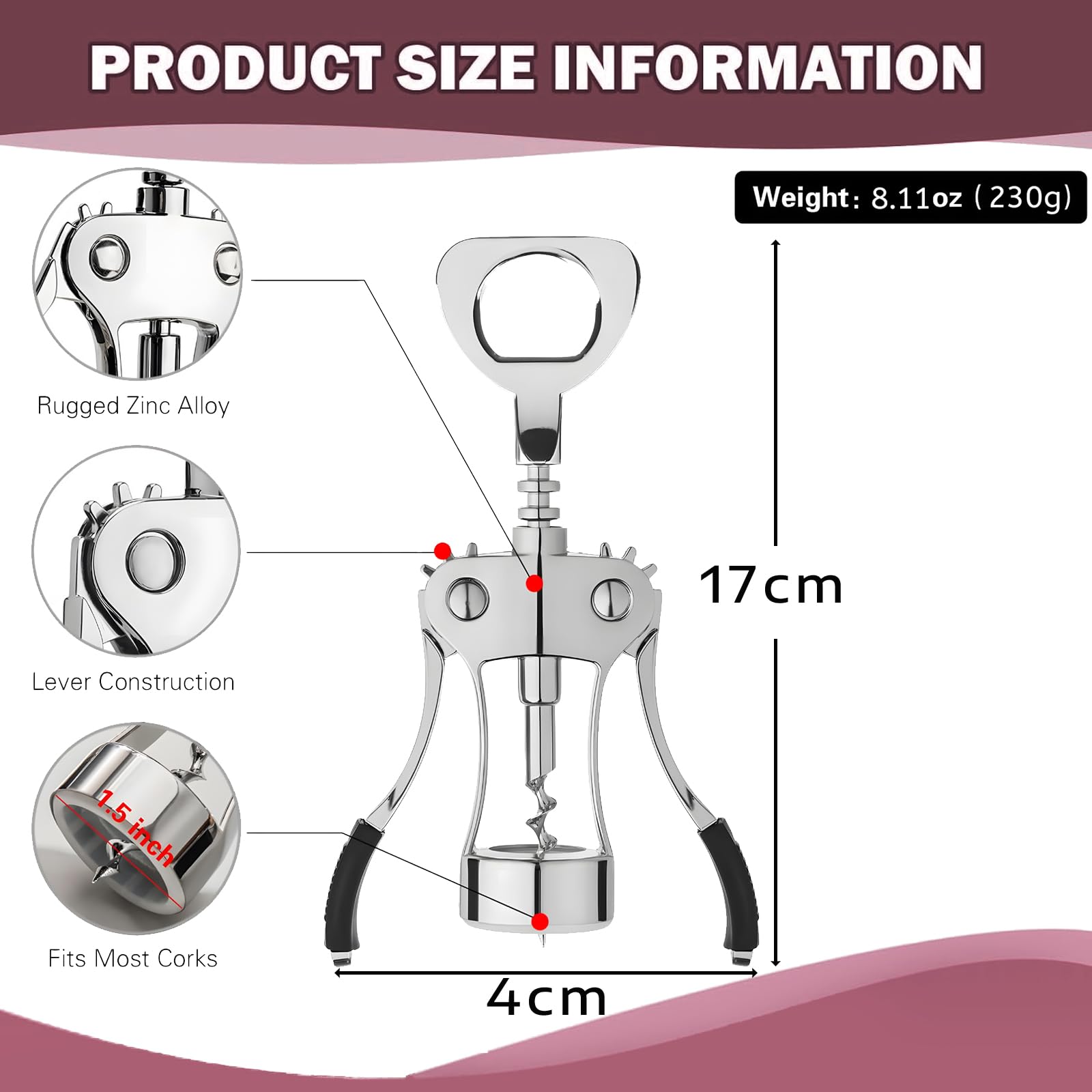 Cavatappi A Doppia Ala Con Vite A Spirale - Apribottiglie Per Vino E Birra - In Lega Di Zinco - Foto 7