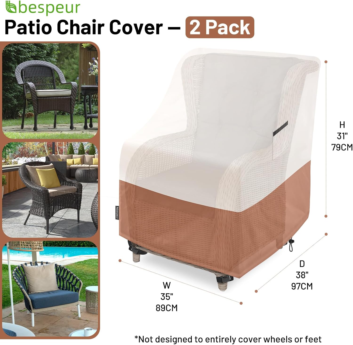 Waterproof Patio Chair Covers 2 Pack,Outdoor Furniture Covers with Air Vents for Swivel/ Rocking Chair/ Adirondack Chairs Seat,Heavy Duty 600D Oxford,Fits 35"W x 38"D x 31"H,Beige & Brown