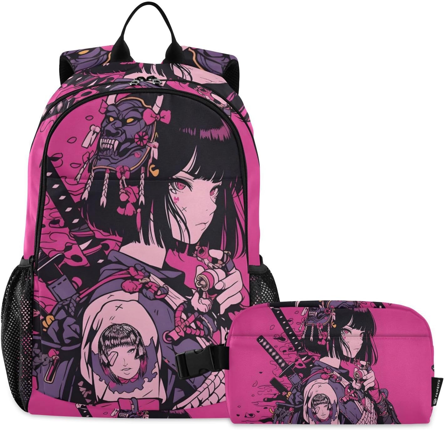 Anime Japanese Samurai Travel Backpack Set with Lunch Box Insulated, 15 IN Laptops Compartment for Work Hiking Picnic