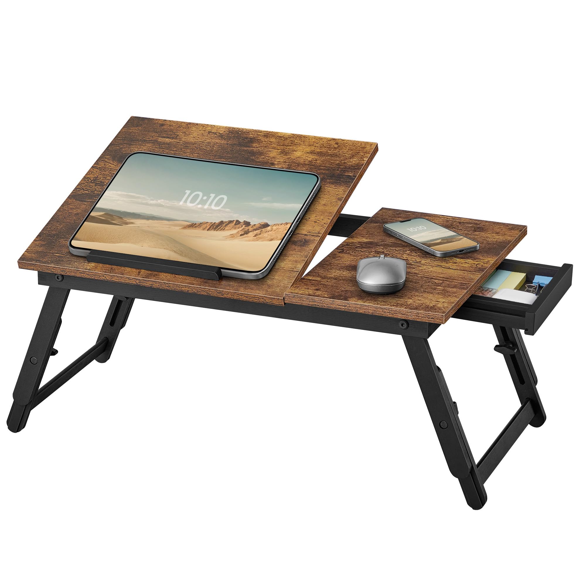 SONGMICS Bed Laptop Desk, Folding Bed Tray for Laptop up to 15.6 Inches, Adjustable Angle and Height, Portable for Working Reading Writing Breakfast, Bamboo Legs, Drawer, Rustic Brown ULLD105B01The Forest Stewardship Council