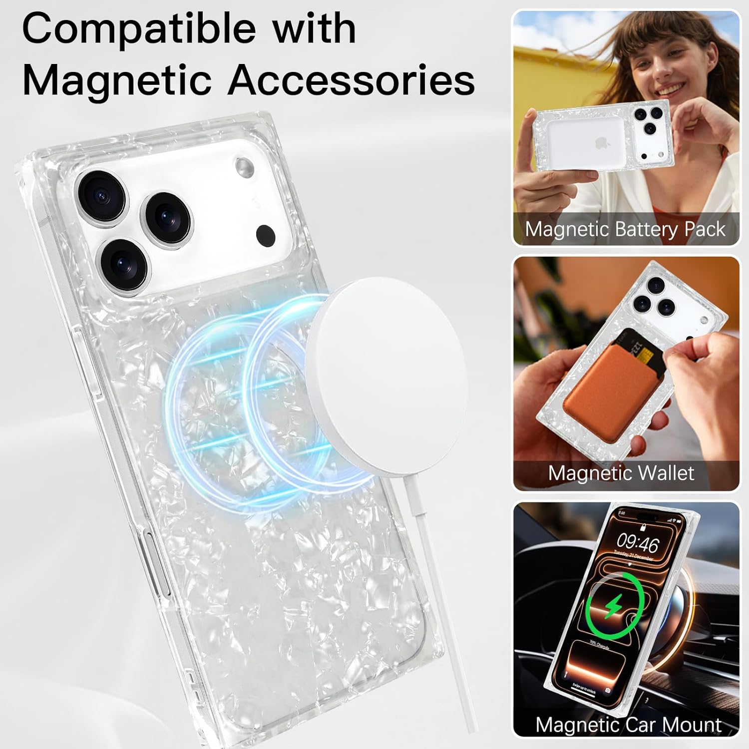 AIGOMARA Magnetic Rectangle for iPhone 17 Pro Max Case, Compatible with Magsafe, Luxury Glitter Sparkle Opalescent Pearl for Women Girls, Stylish Glossy Protective Shockproof Phone Cover, White - Image 3
