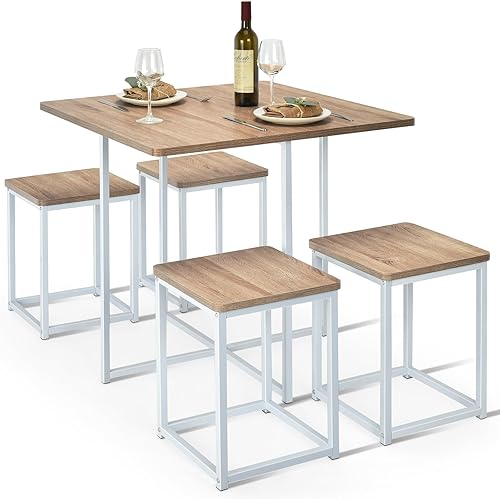 Miniatura 8 de Giantex Juego de mesa de comedor de 5 piezas, juego de comedor para 4 personas con taburetes cuadrados, juego de mesa de cocina pequeña con marco de